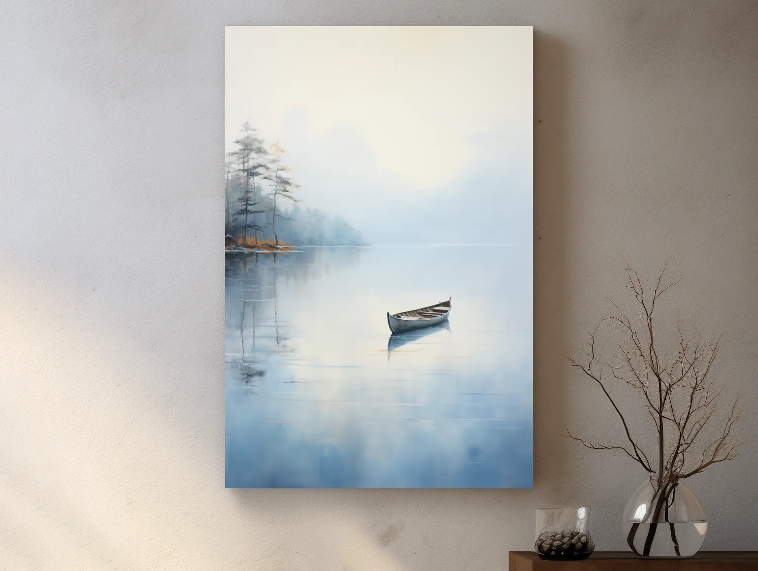 Misty Lake Canoe Reflection Painting - Serene Minimalist Waterscape Wall Art