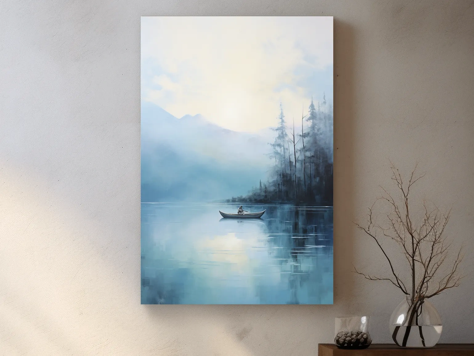 Misty Turquoise Mountain Lake Canoe Painting - Serene Forest Landscape Wall Art