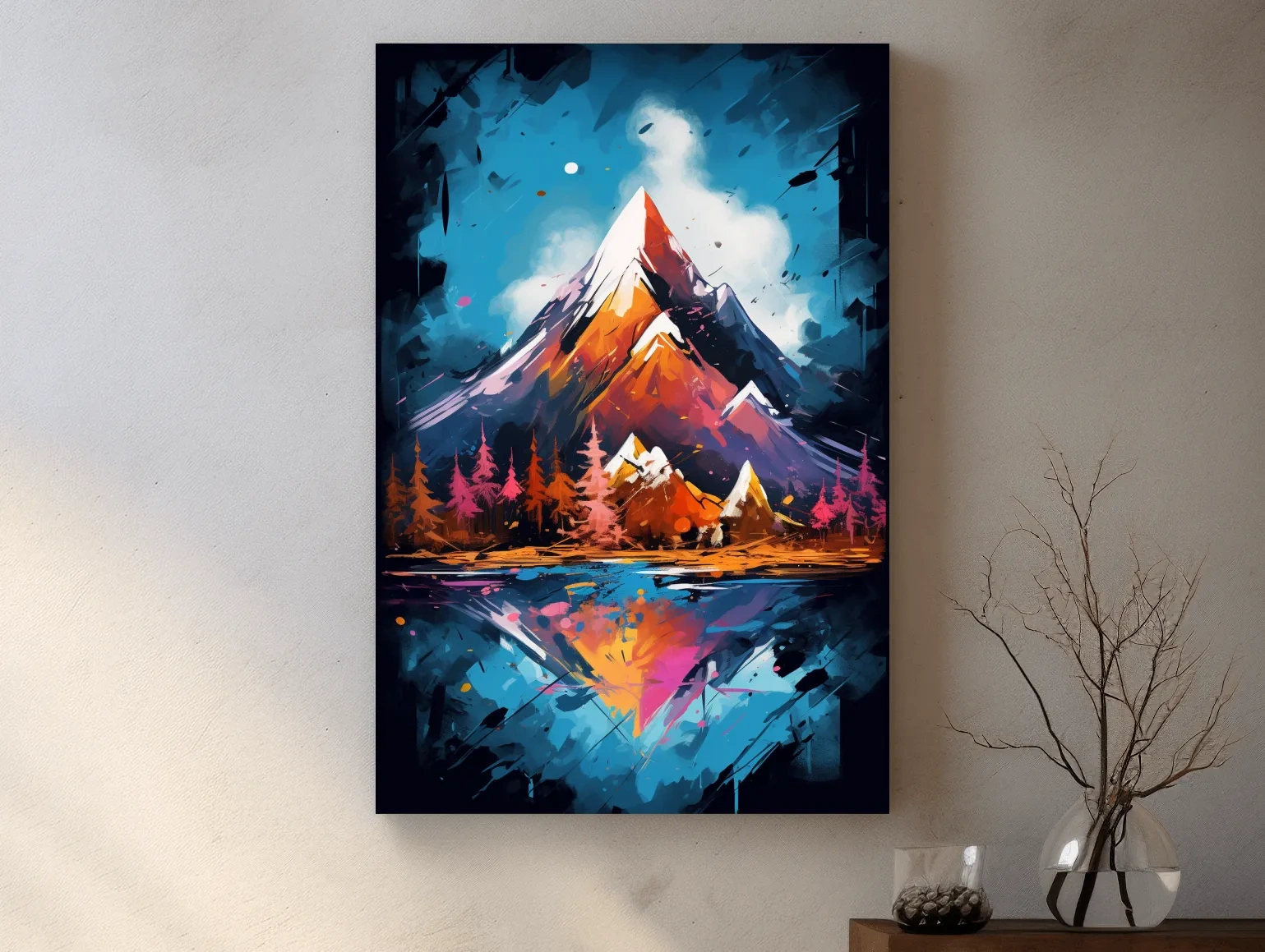 Vibrant Abstract Alpine Lake Painting - Colorful Mountain Forest Wall Art