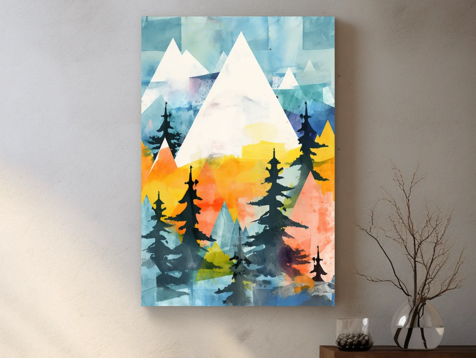 Rustic Watercolor Mountains And Pine Forest - Vibrant Alpine Landscape Wall Art