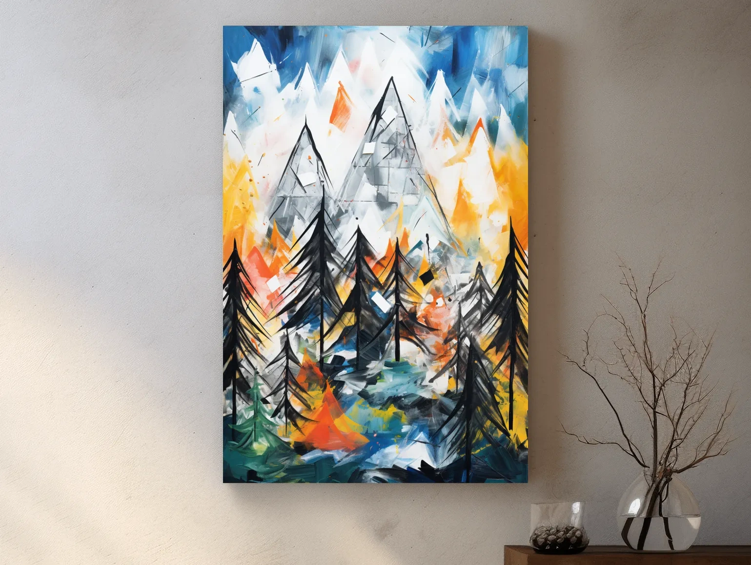 Abstract Alpine Mountain Peaks Painting - Colorful Energetic Pine Forest Landscape Wall Art