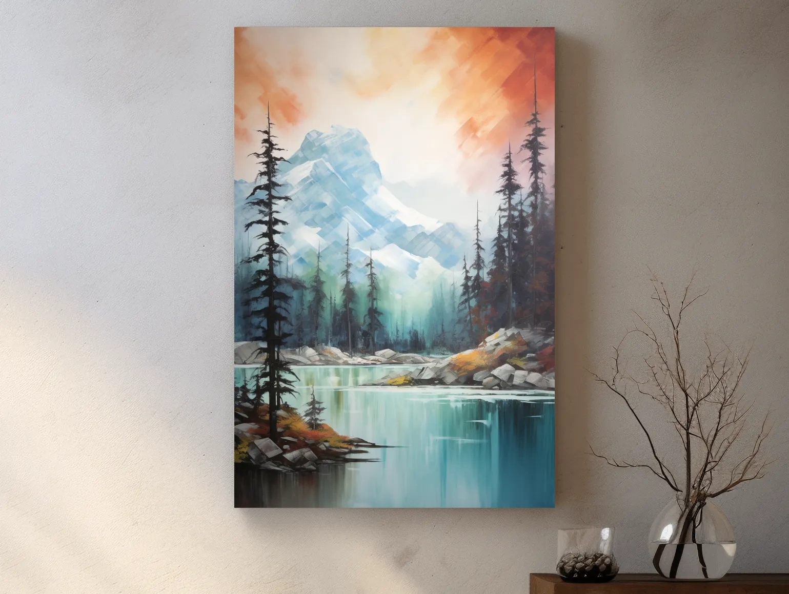 Turquoise Alpine Lake & Pine Forest Sunset Watercolor - Serene Mountain Landscape Wall Art