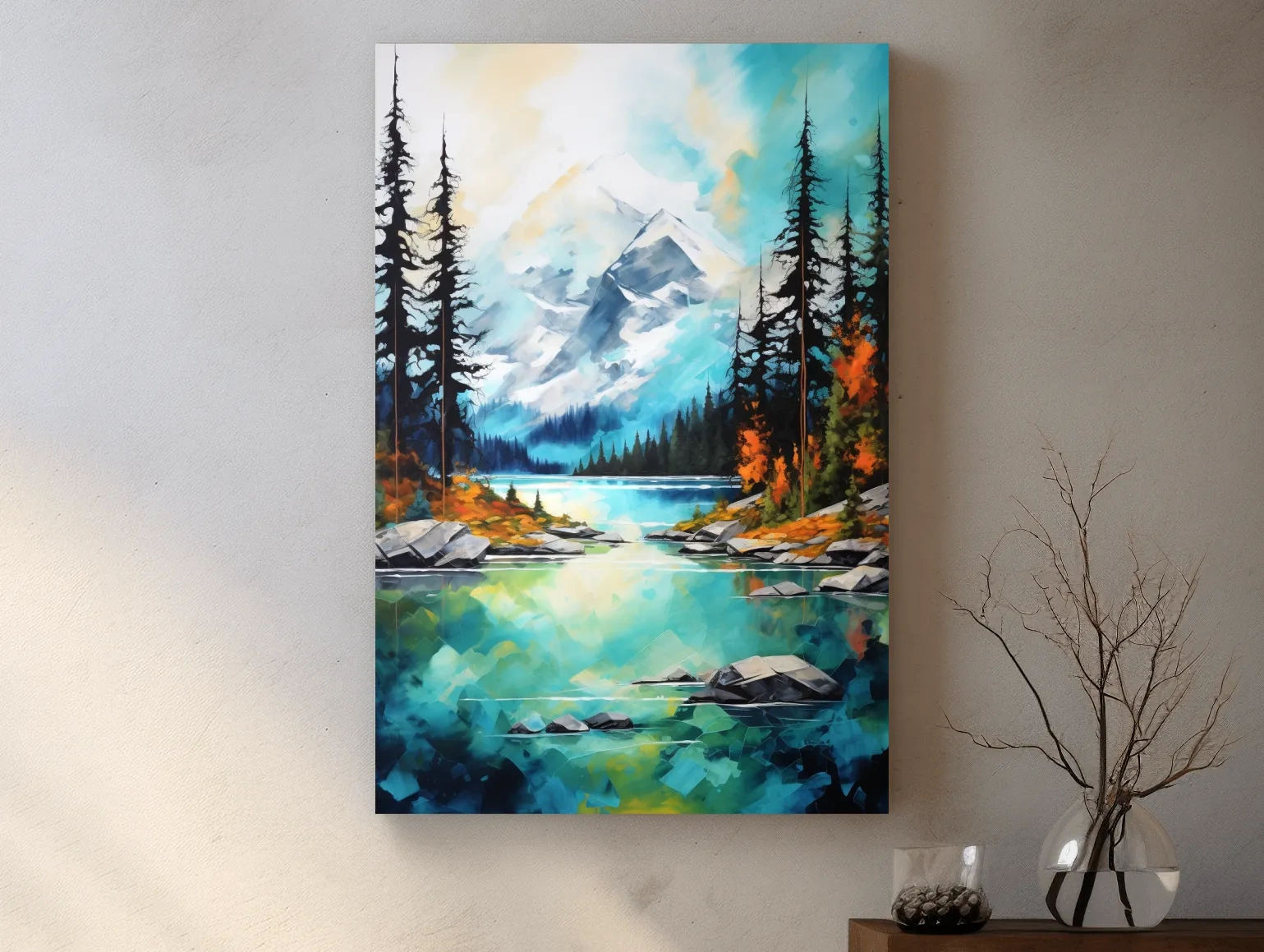 Torquoise alpine lake painting in the fall