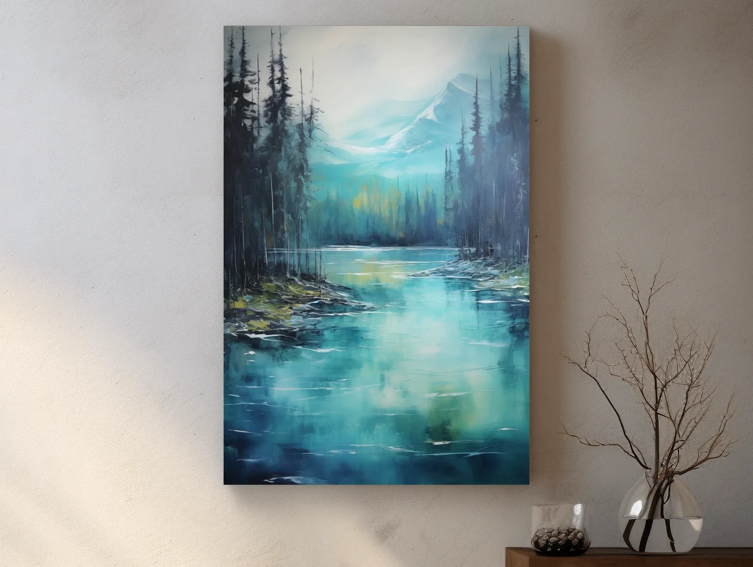 Misty Mountain Lake Reflection - Serene Forest Oil Panting Wall Art