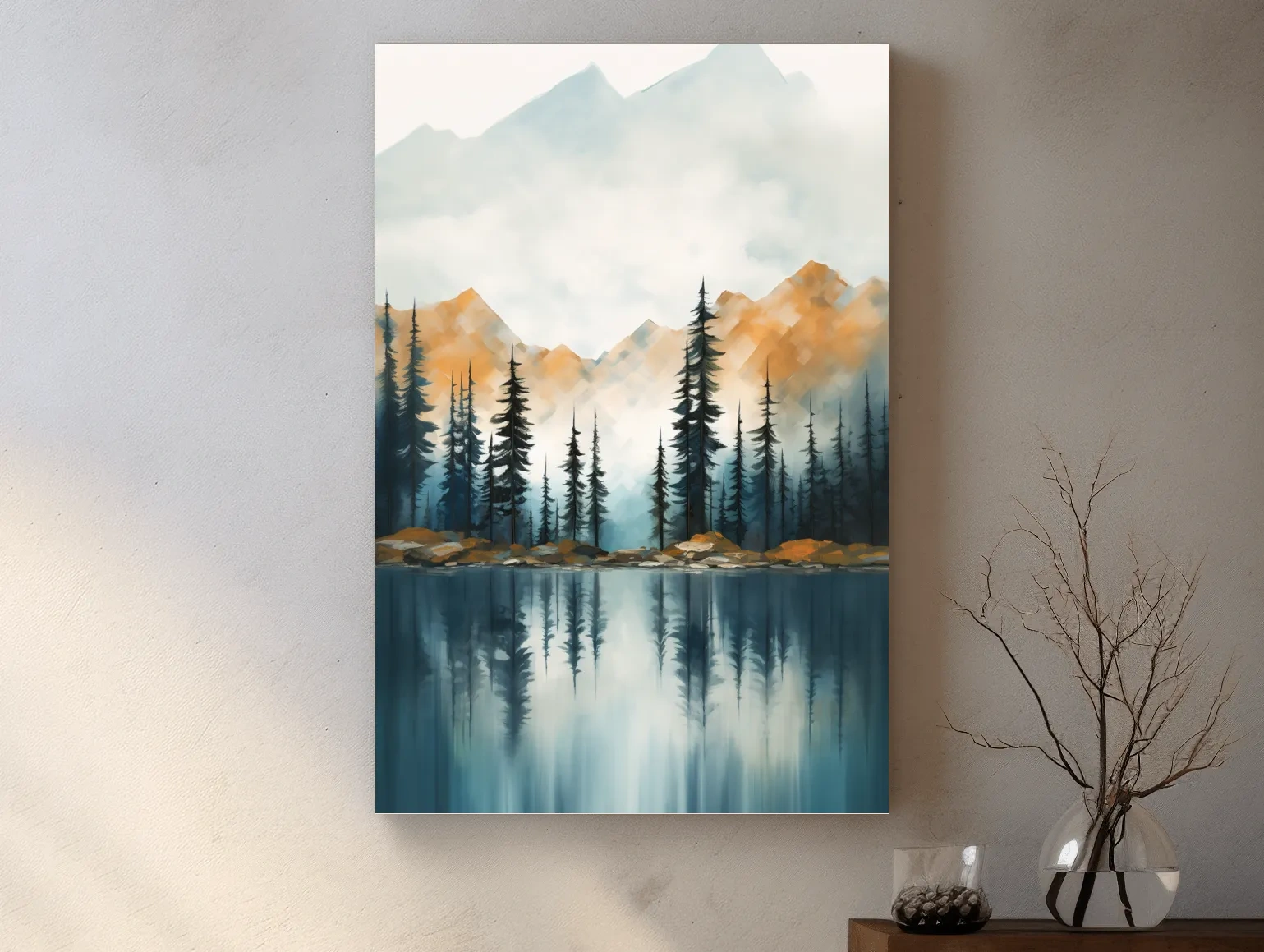Misty Watercolor Mountain Lake Reflection - Serene Pine Forest Landscape Wall Art