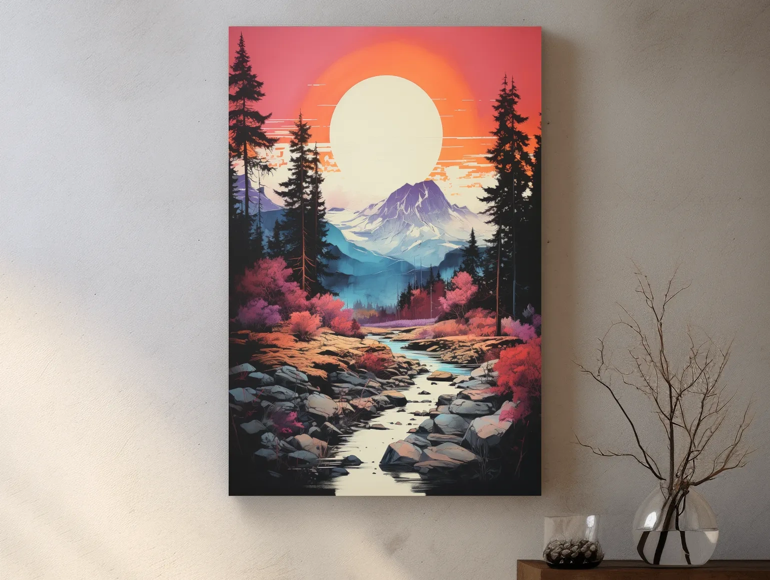 Colorful alpine scene at sunset, illustration