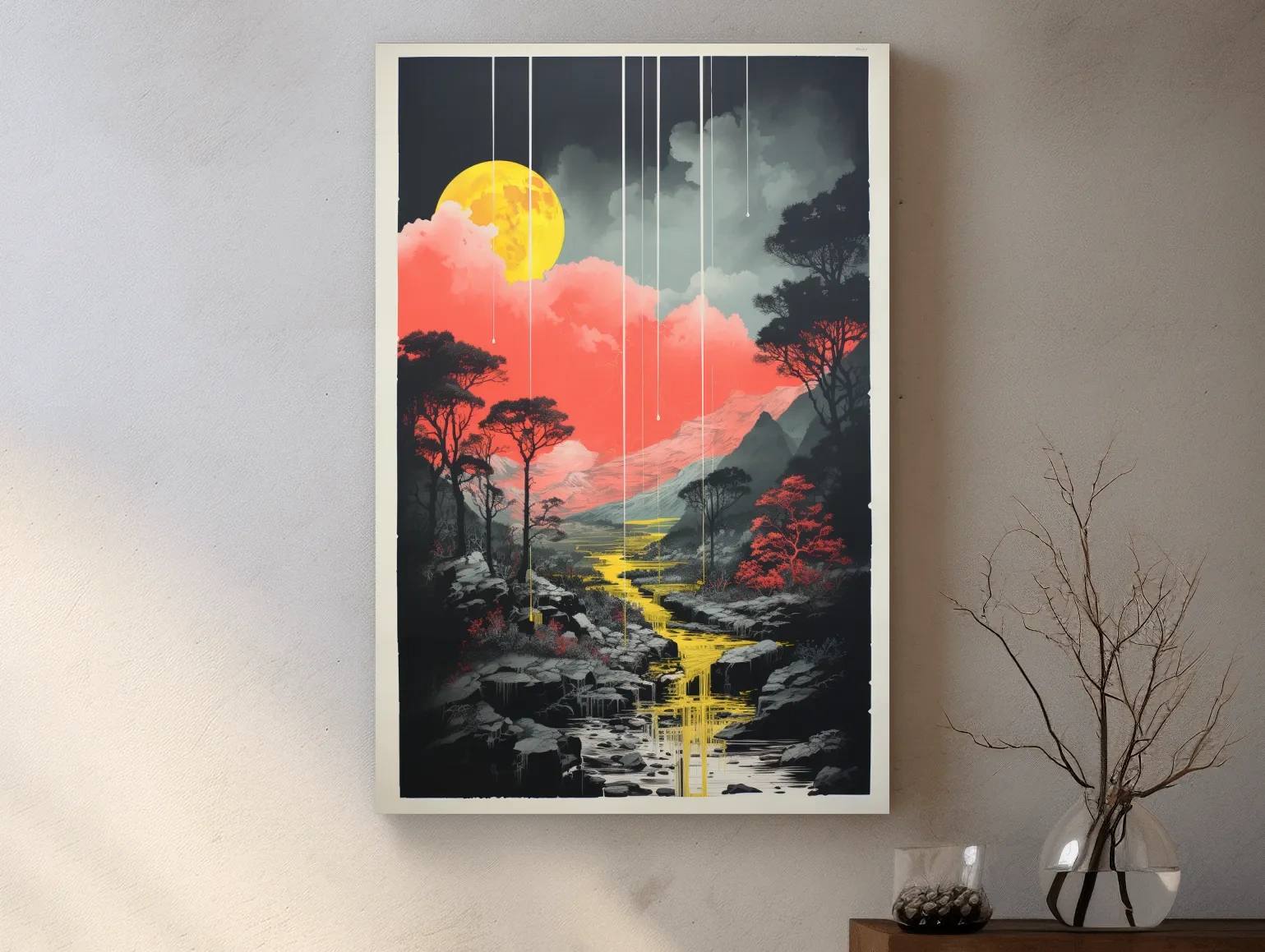 Surreal Moonlit Mountain River Landscape - Fantasy Nature Wall Art