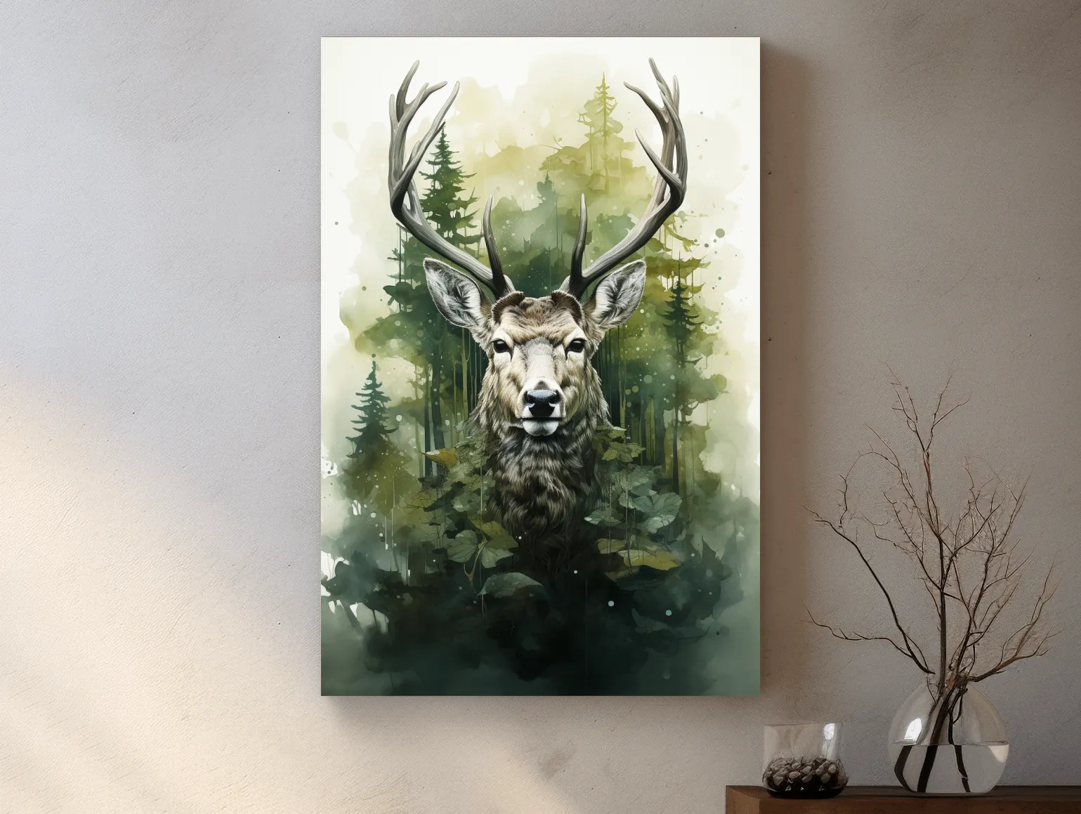 Watercolor Deer Portrait In Misty Pine Forest - Woodland Wildlife Wall Art