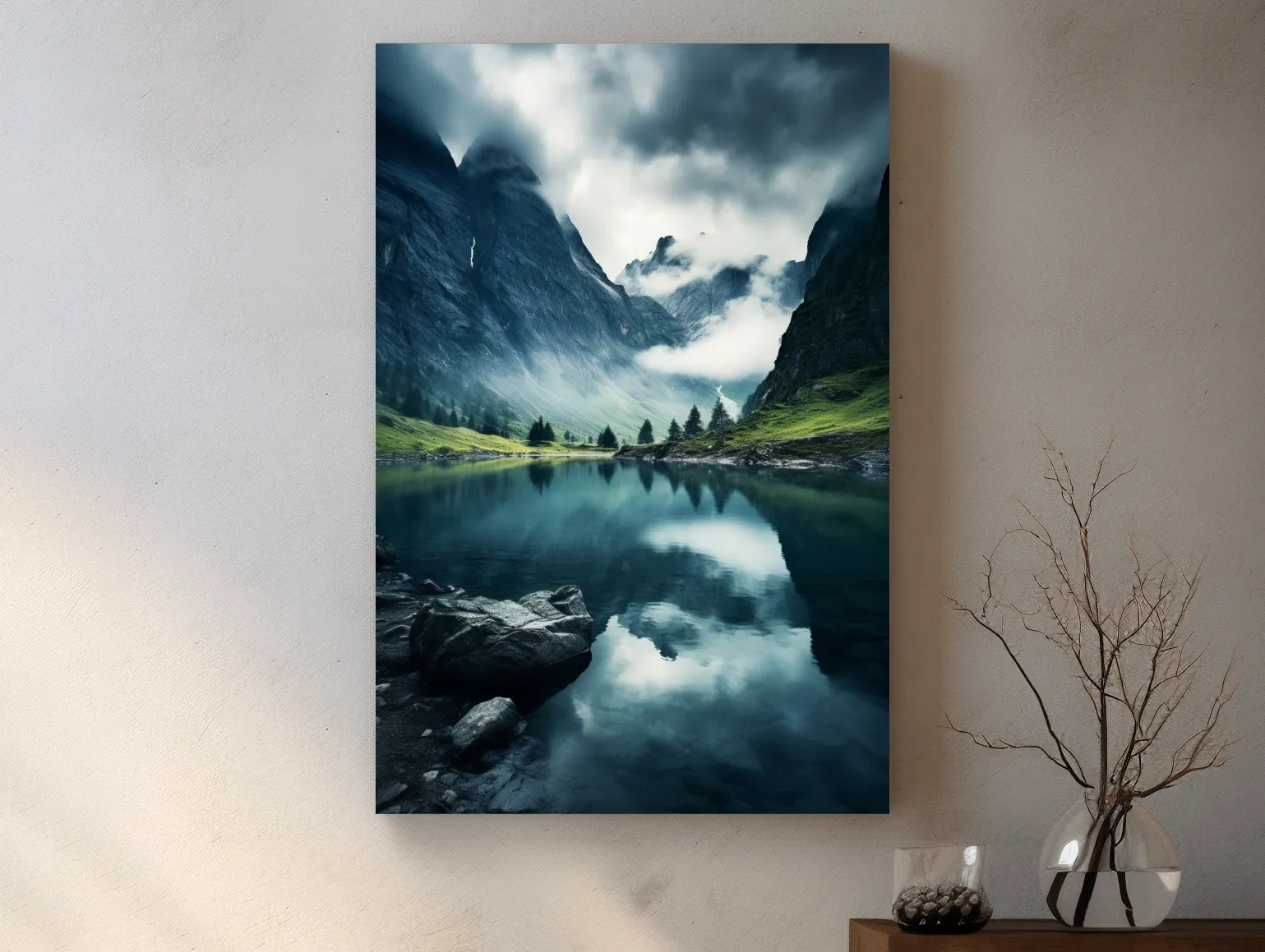 Moody Misty Alpine Lake Reflection - Dramatic Photographic Mountain Wall Art