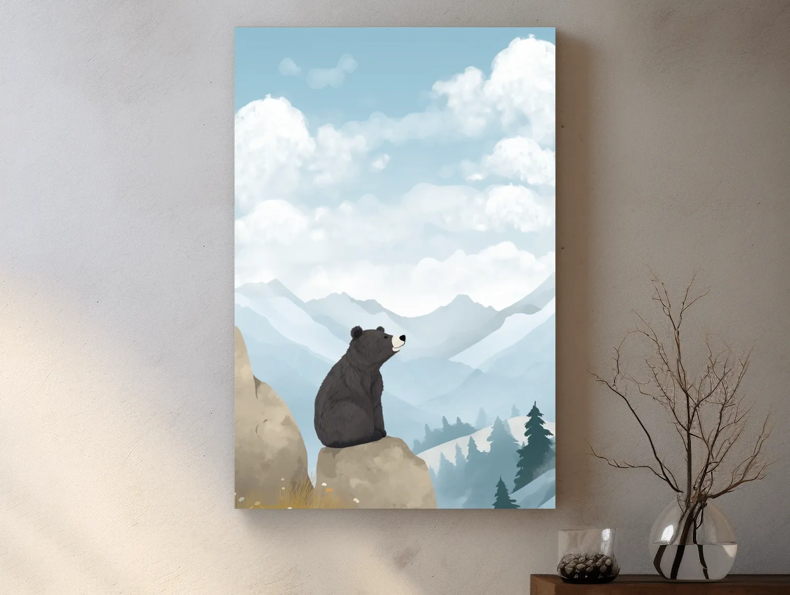 Whimsical Black Bear Mountain Landscape Illustration - Cute Animal Nursery Wall Art
