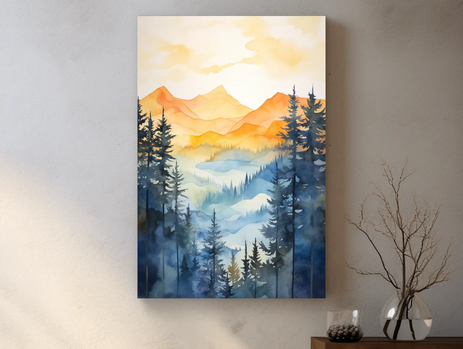Golden Watercolor Mountain Sunrise Painting - Misty Alpine Forest Artwork