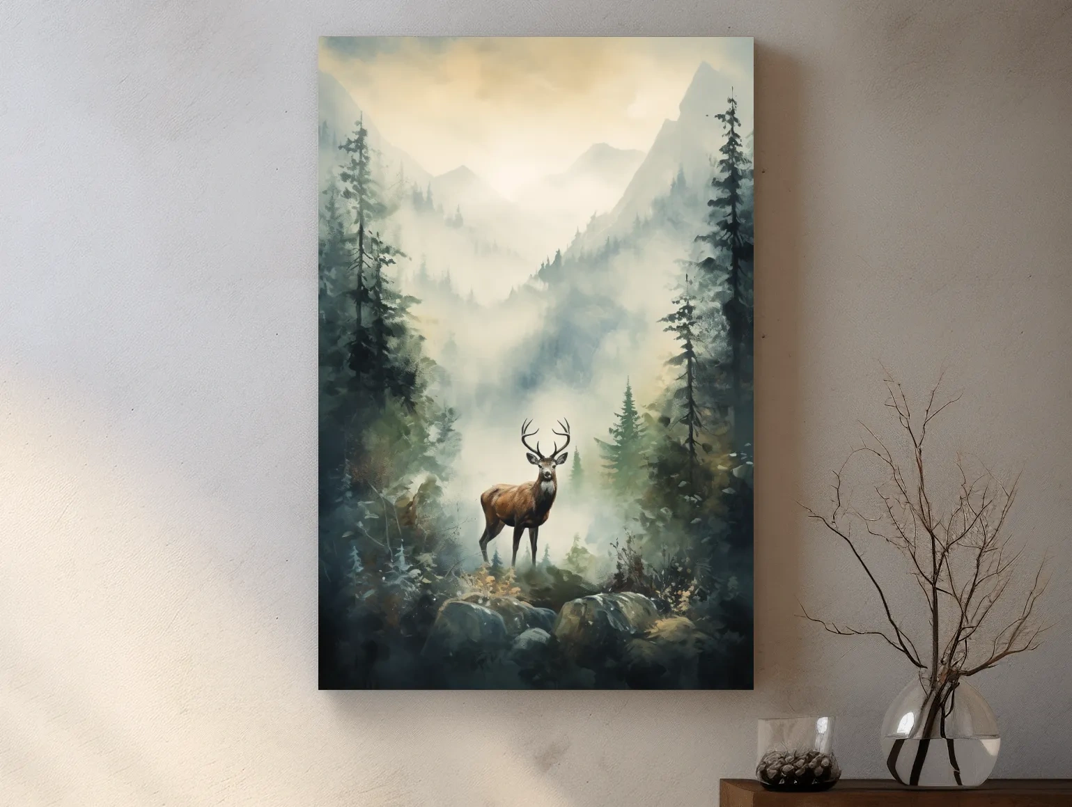 Misty Alpine Forest Deer Painting - Atmospheric Mountain Wildlife Wall Art