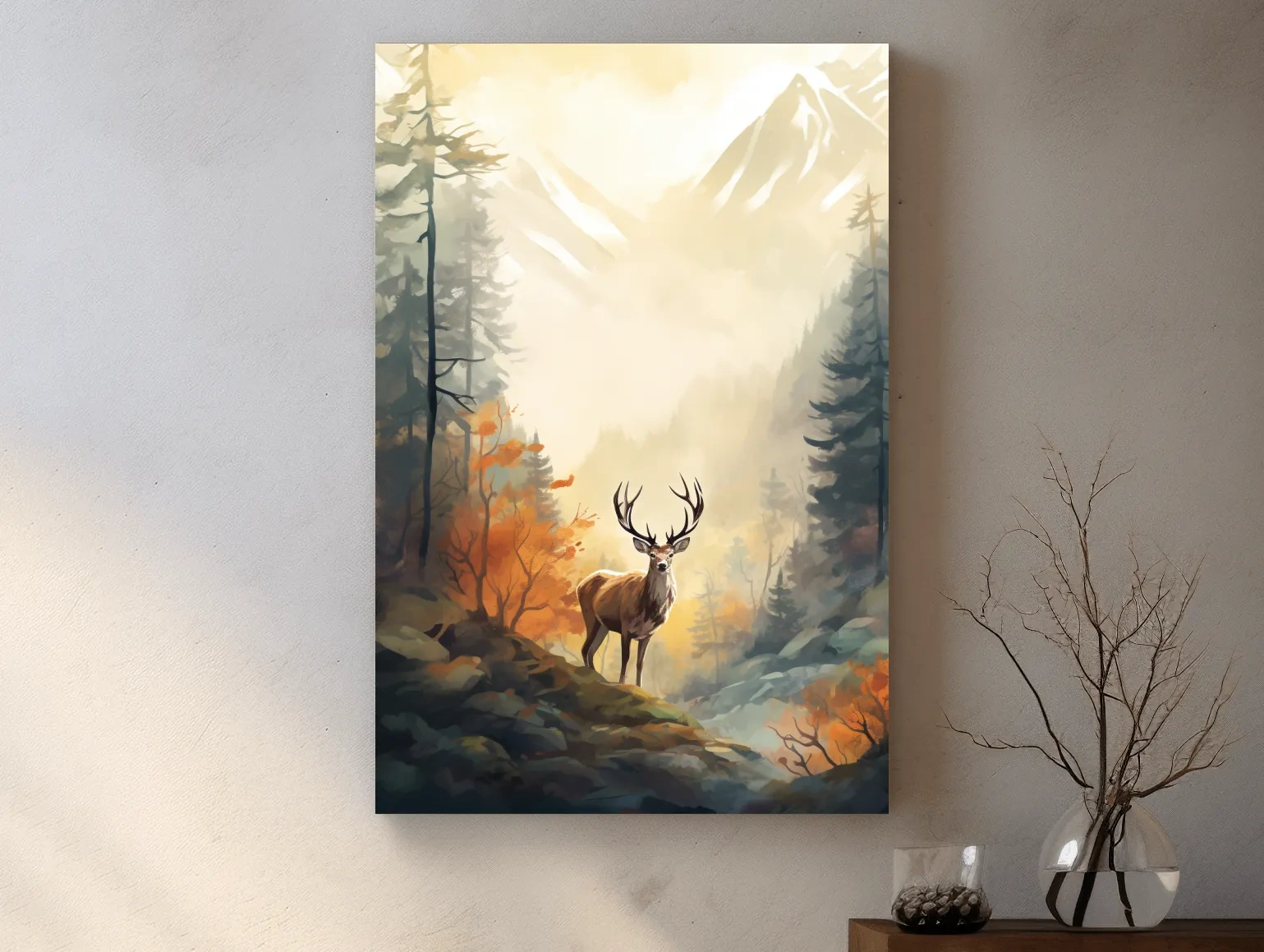 Majestic Stag In Misty Mountain Forest - Autumn Watercolor Wildlife Wall Art