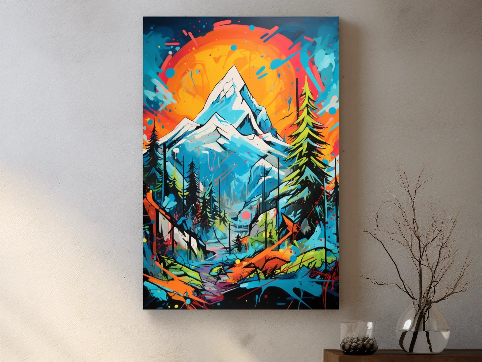 Graffitti inspired art of sunset over a glacier, vibrant wall art