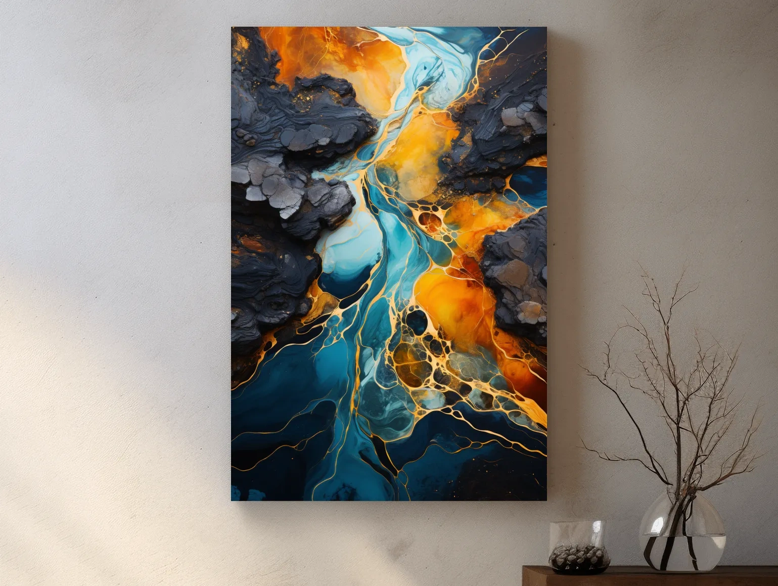 Elegant Gold And Teal Abstract Flowinf River - Alcohol Ink Style Wall Art