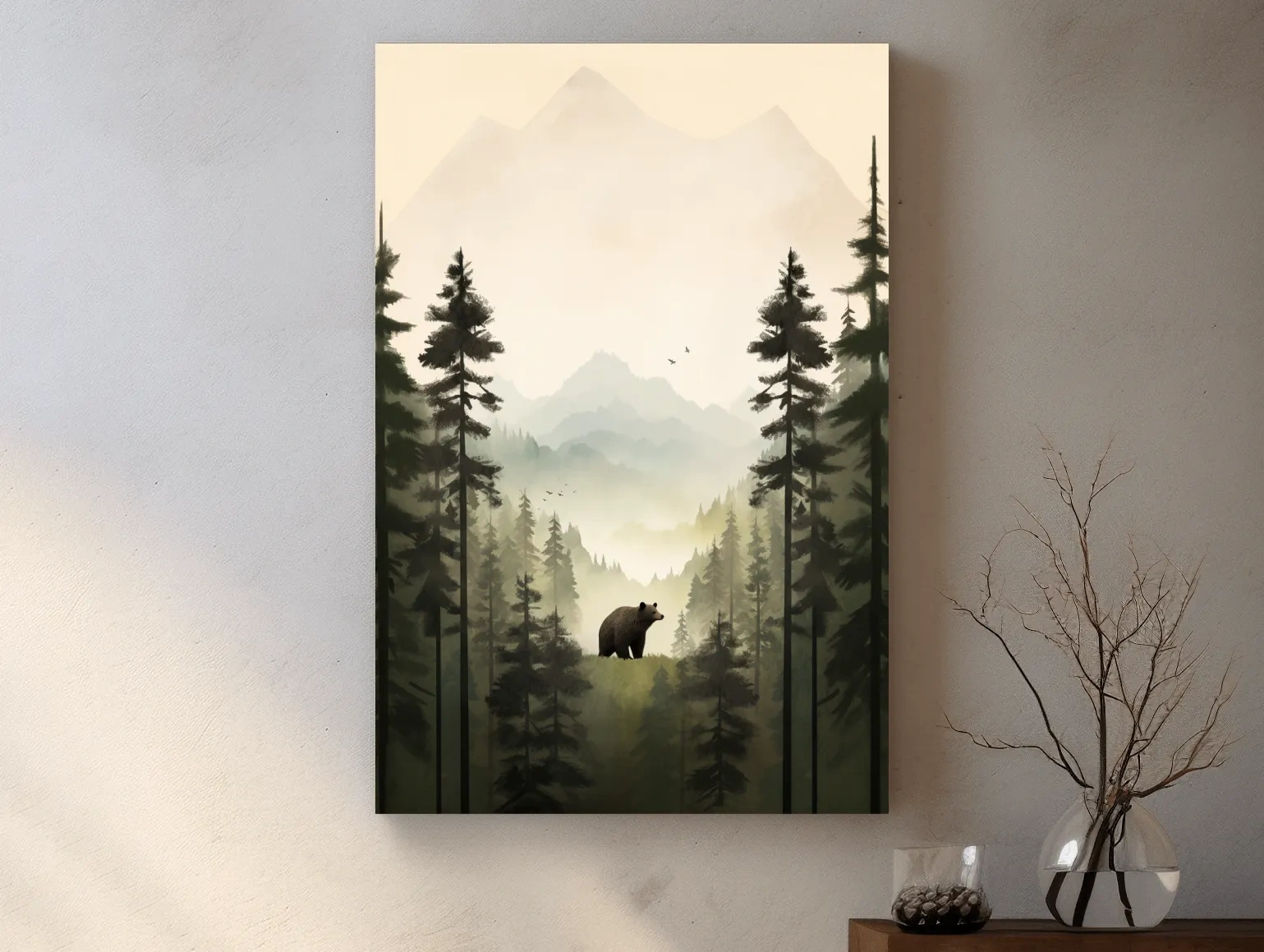 Misty Pine Forest Bear Illustration - Minimalist Wildlife Wall Art