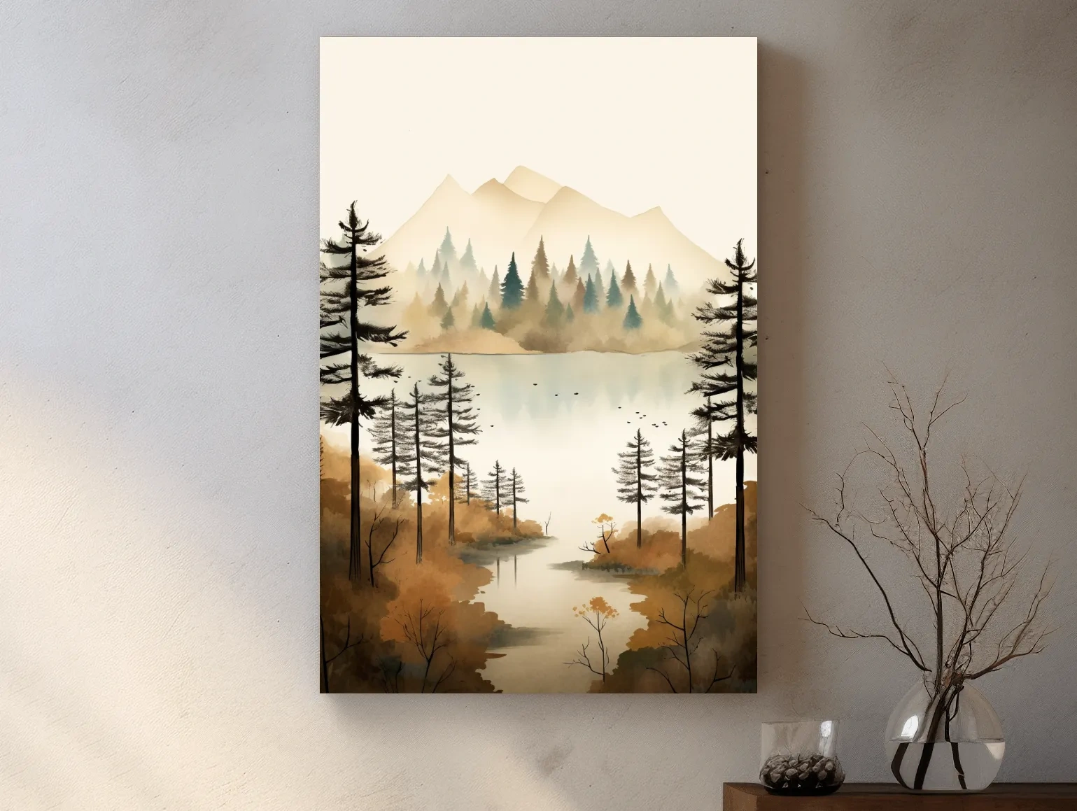 Misty Watercolor Mountain Lake Forest - Serene Alpine Wall Art