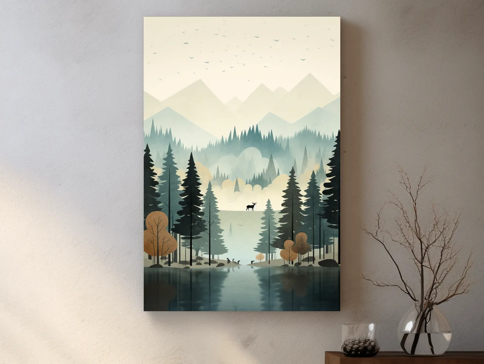 Alpine Lake Forest With Deer - Scandinavian Minimalist Wall Art