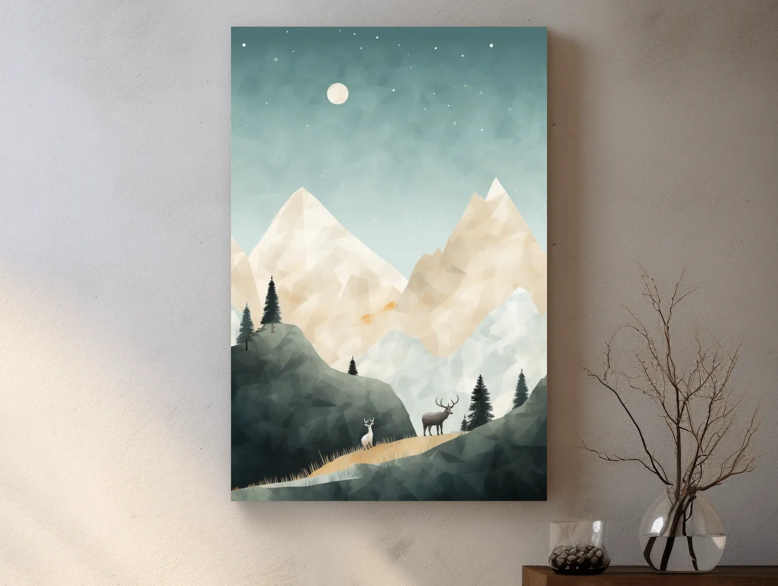 Mountain Deer Landscape Illustration - Minimalist Alpine Forest Wildlife Wall Art