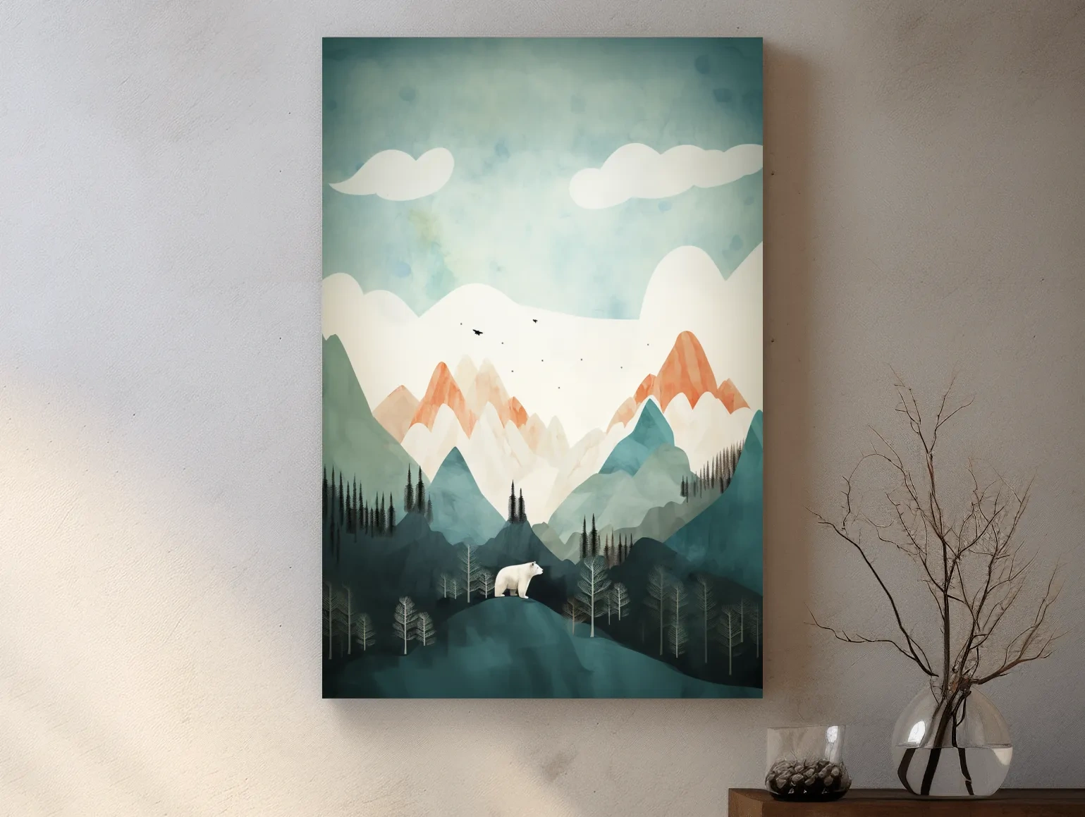 Bear standing in the forest, textured minimal illustration