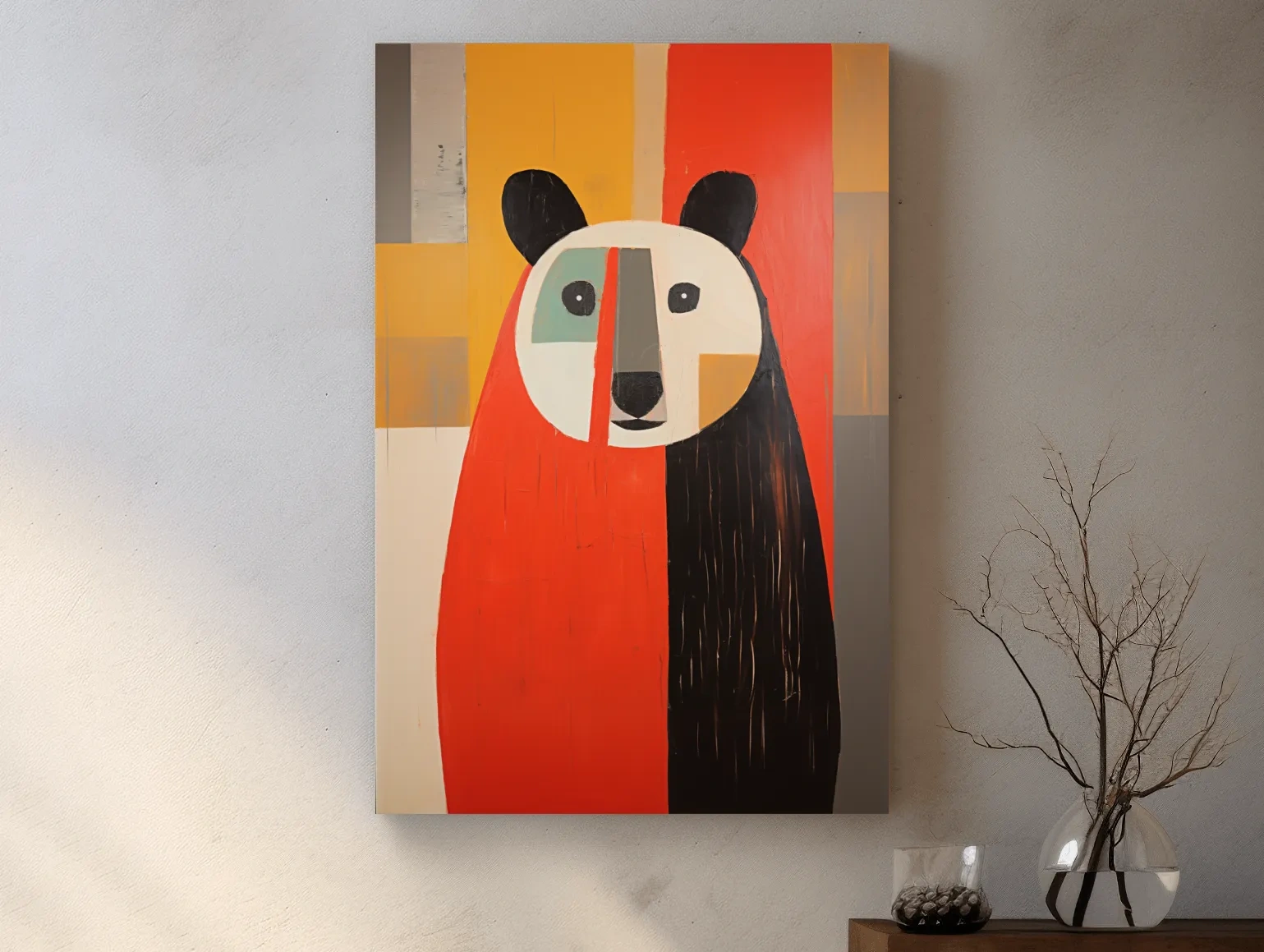 Bold Geometric Bear Portrait Painting - Quirky Abstract Animal Wall Art