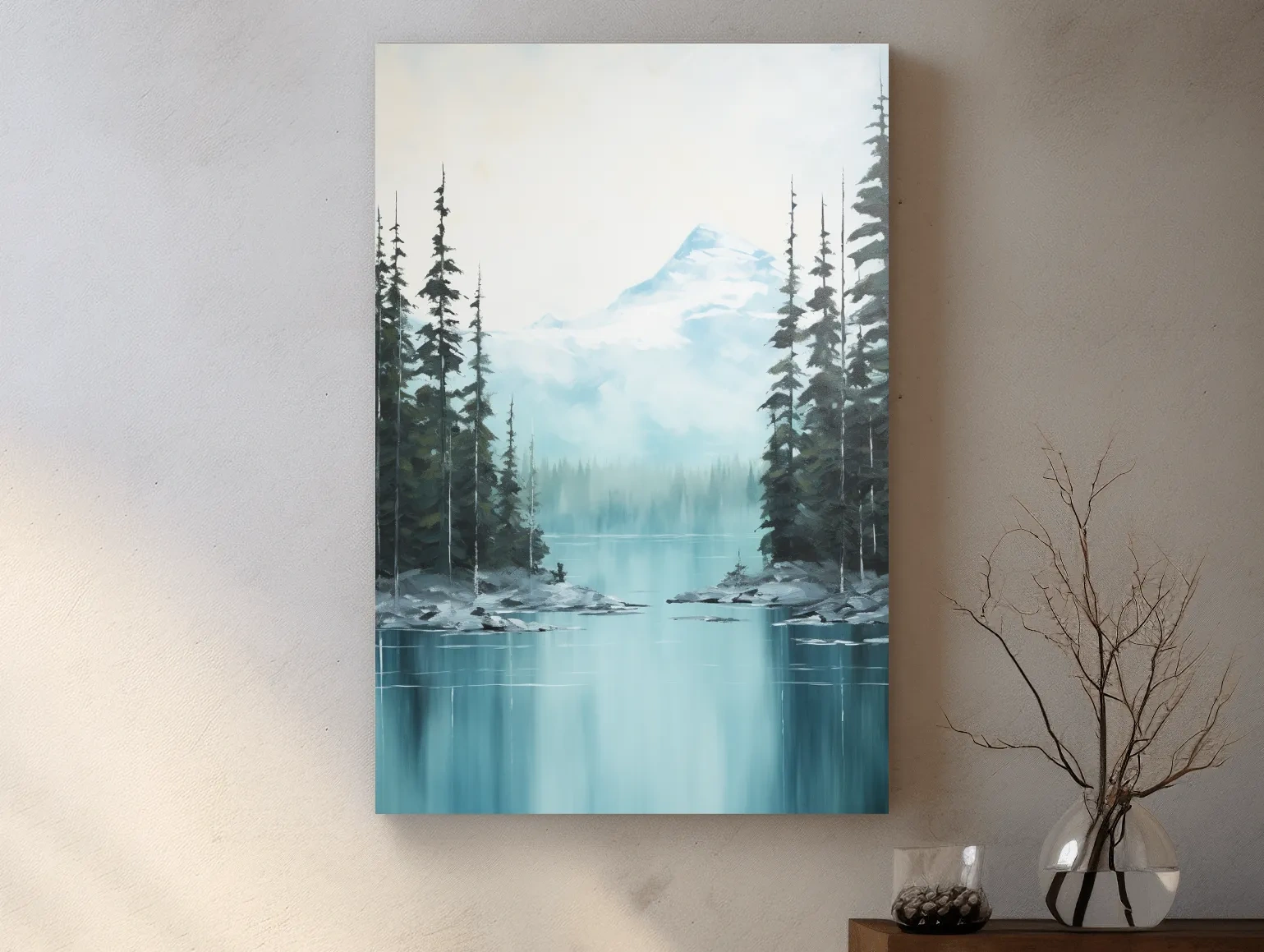 Turquoise Alpine Lake & Pine Forest Watercolor - Serene Mountain Landscape Wall Art