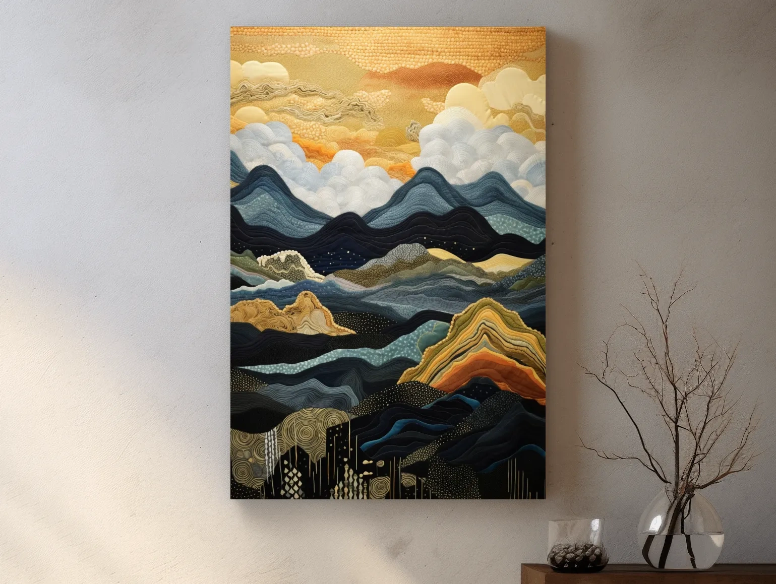 Elegant tapestry art, rolling mountain patterns