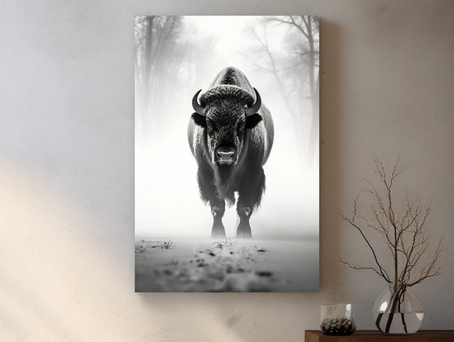 Moody Black And White Bison Portrait - Foggy Winter Wildlife Wall Art