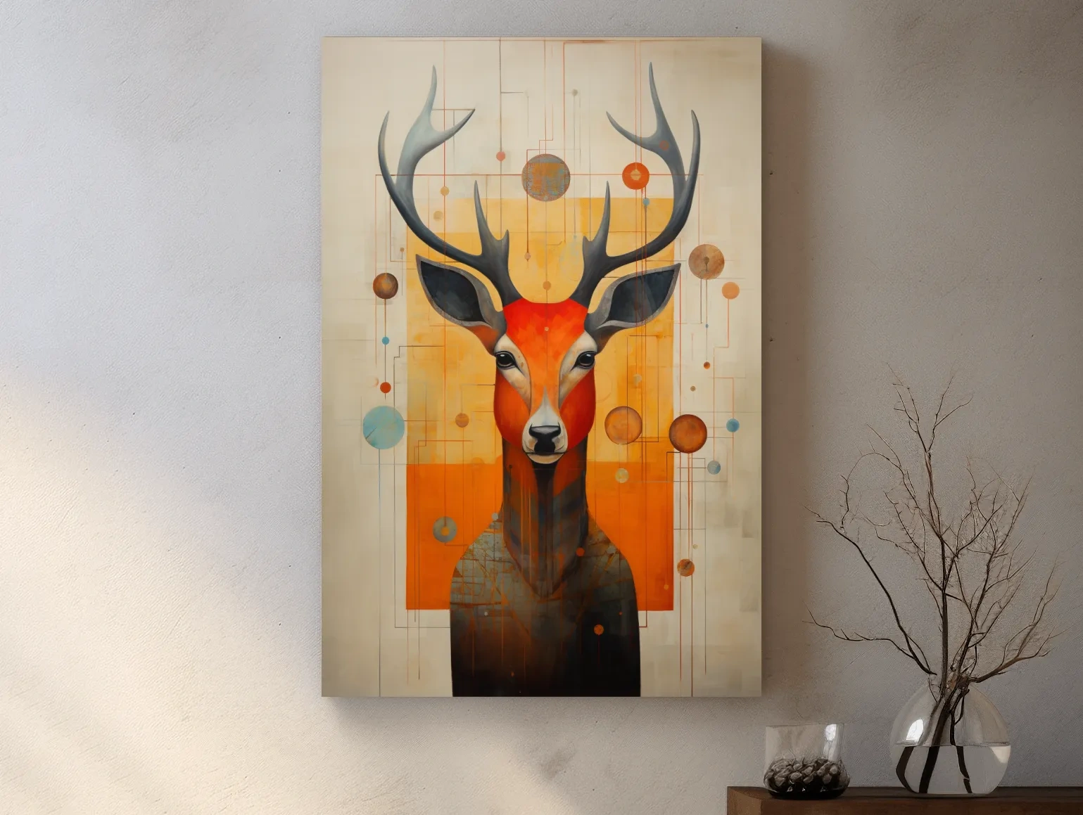 Mid Century Abstract Stag Portrait Painting - Quirky Wildlife Wall Art