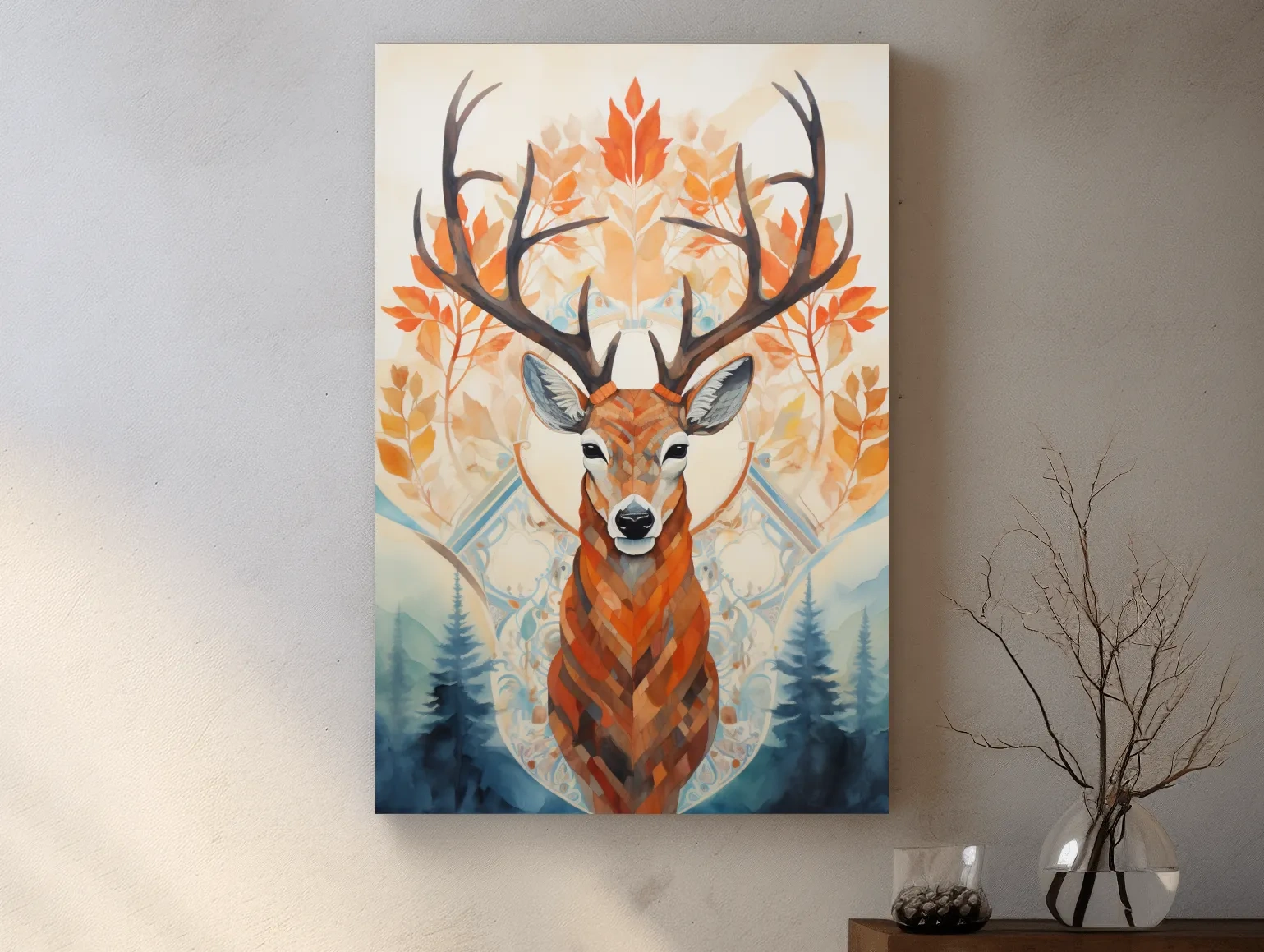 Ornate Stag Deer Watercolor Portrait - Autumn Woodland Wildlife Wall Art
