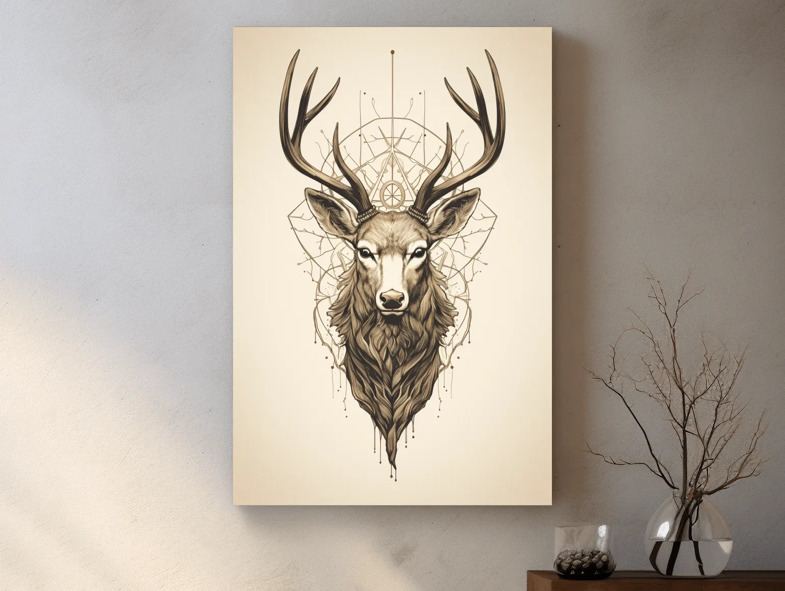 Ornate Stag Head Line Art - Minimalist Tattoo Style Wildlife Wall Art