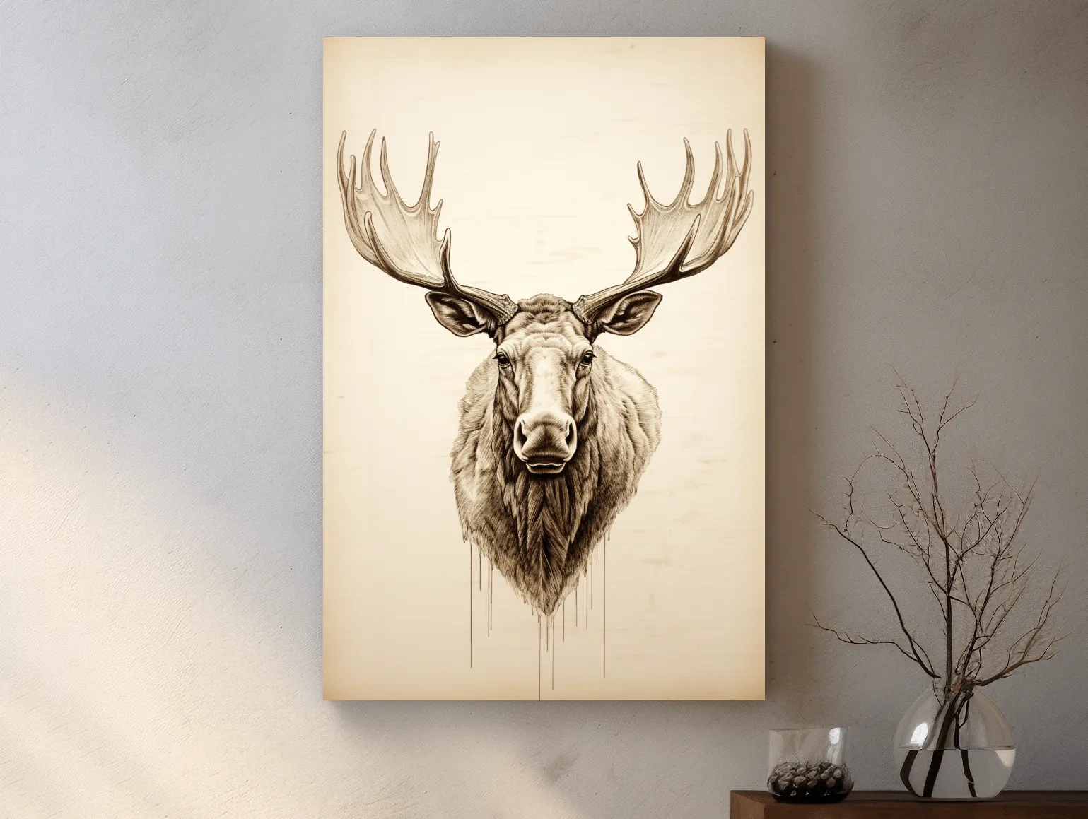 Rustic Moose Head Sketch Illustration - Vintage Sepia Wildlife Wall Art