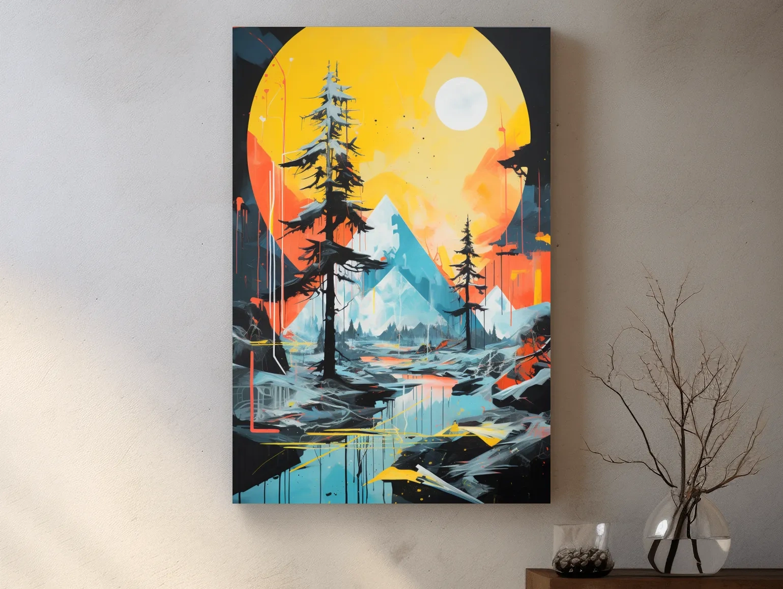 Vibrant Abstract Mountain Lake Sunset Painting - Modern Geometric Pine Forest Wall Art