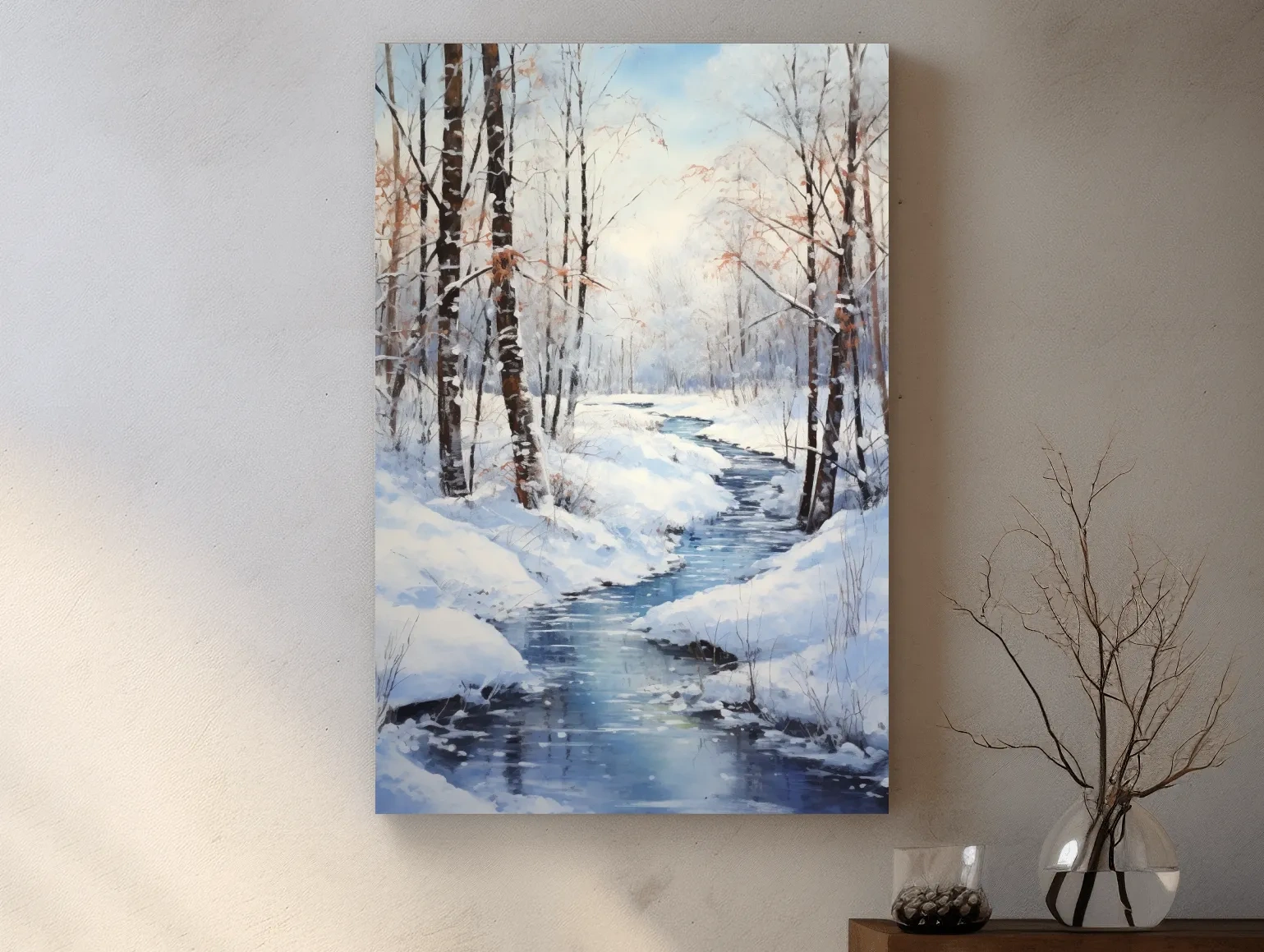 Serene Winter River Forest Painting - Snowy Woodland Wall Art