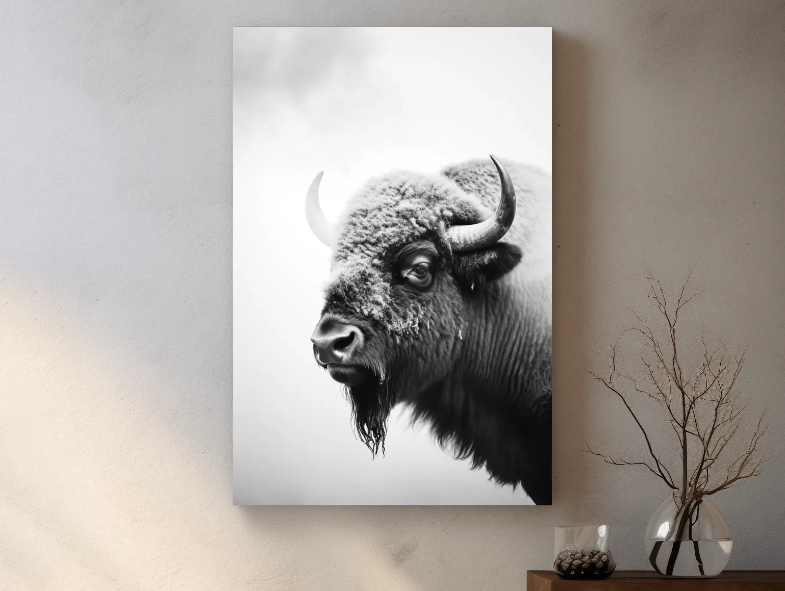 Moody Black And White Bison Portrait - Minimalist Photographic Wildlife Wall Art