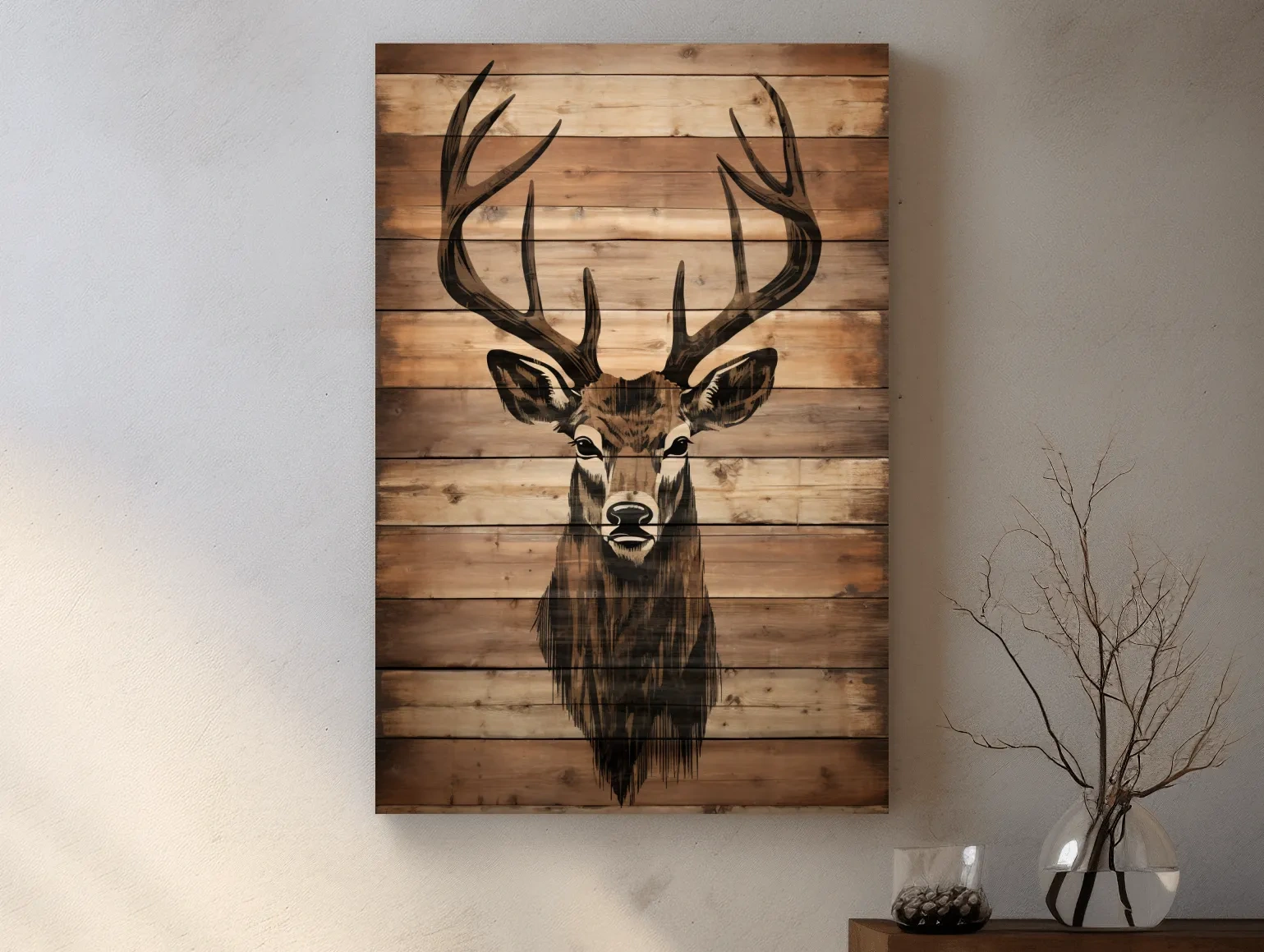 Rustic Stag Head Wood Burning Art - Cabin Lodge Wildlife Artwork