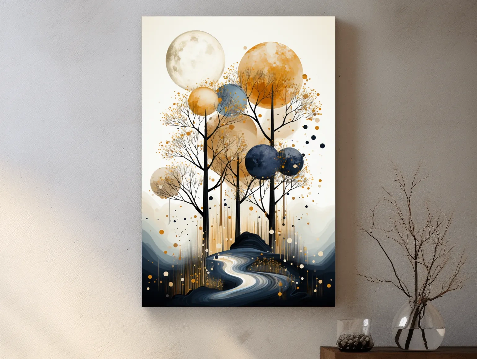 Surreal Golden Moonlit Forest River - Chic Boho Landscape Wall Art