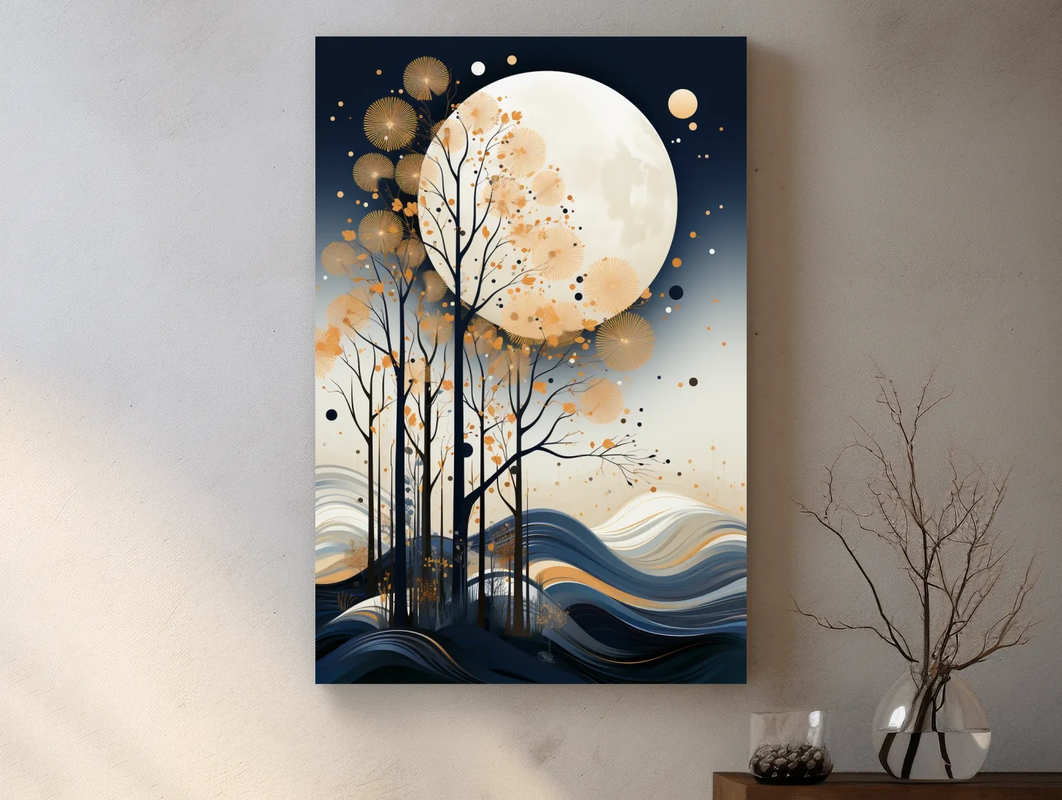 Abstract Moonlit Forest Silhouette - Elegant Boho Landscape Wall Art