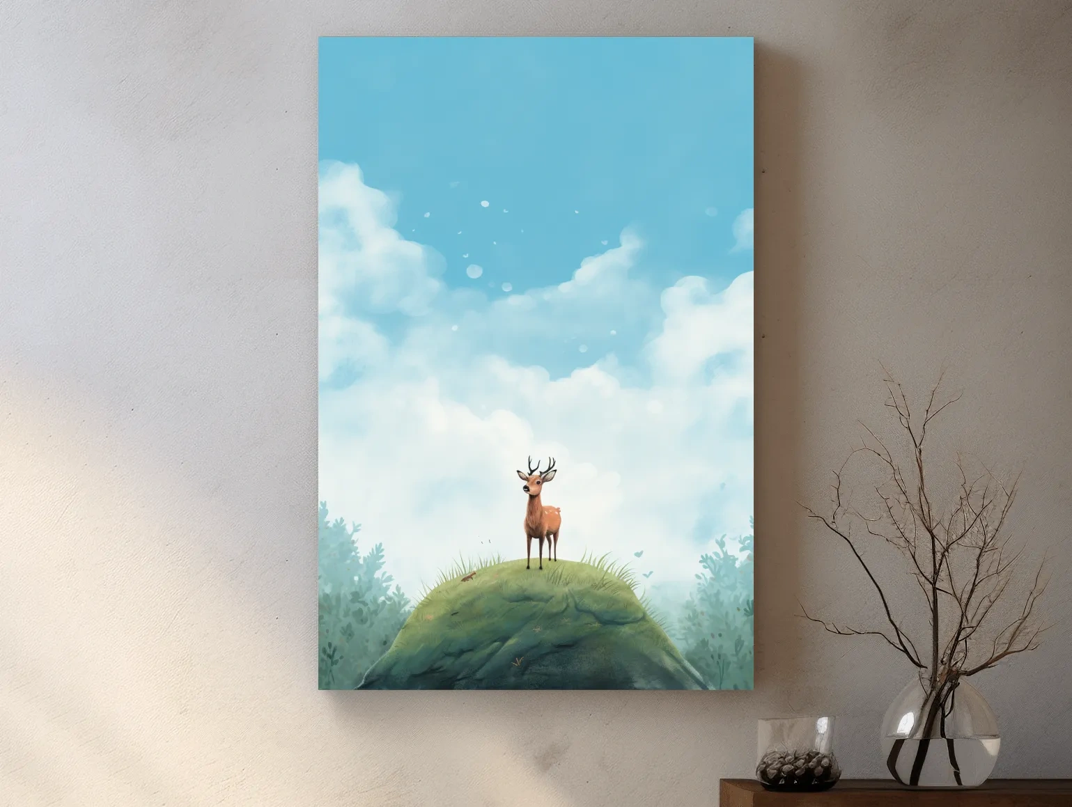 Whimsical Watercolor Deer on Grassy Hill - Serene Woodland Nursery Wall Art