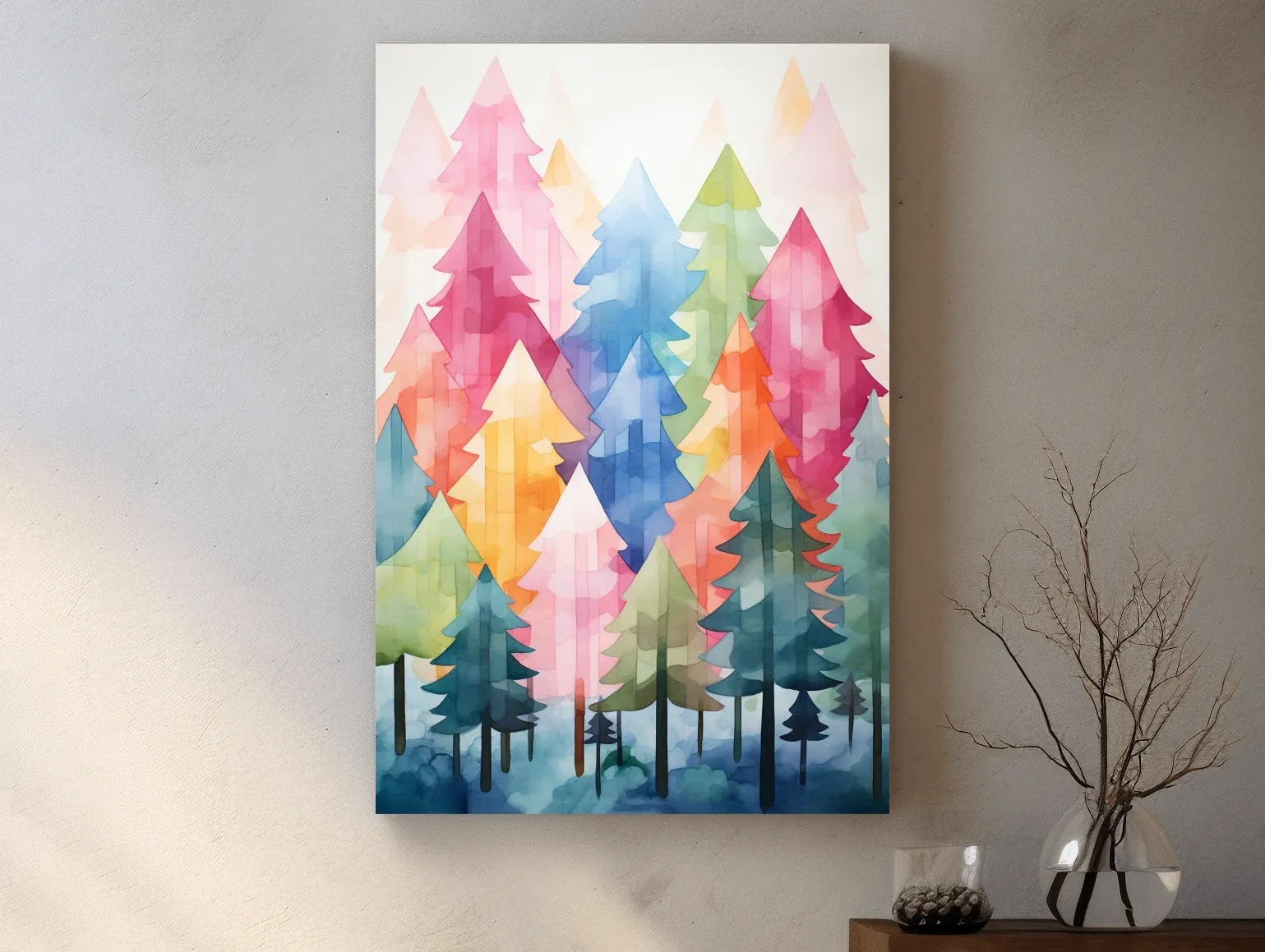 Colorful Watercolor Pine Forest Illustration - Whimsical Scandinavian Boho Wall Art