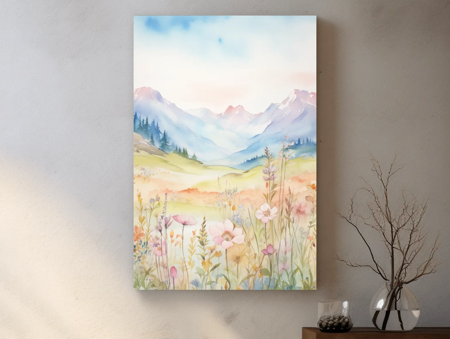 Pastel Watercolor Wildflower Meadow Mountains - Serene Floral Alpine Wall Art
