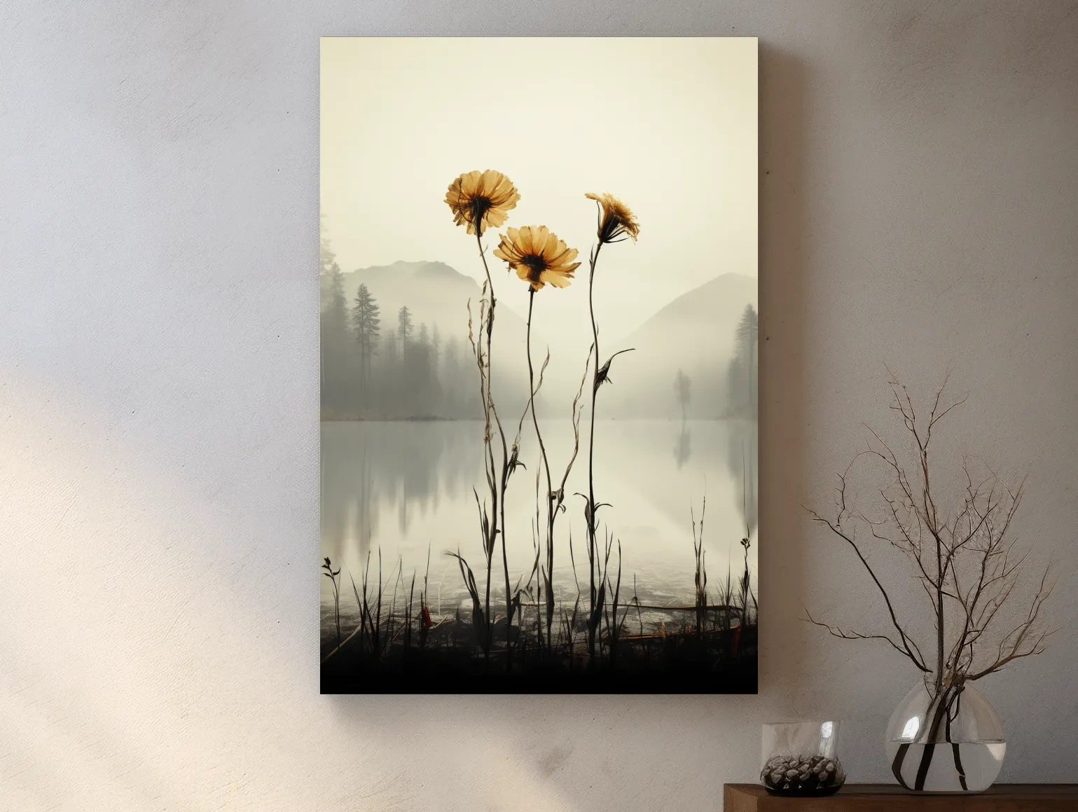Wildflower Misty Lake Landscape - Minimalist Botanical Wall Art