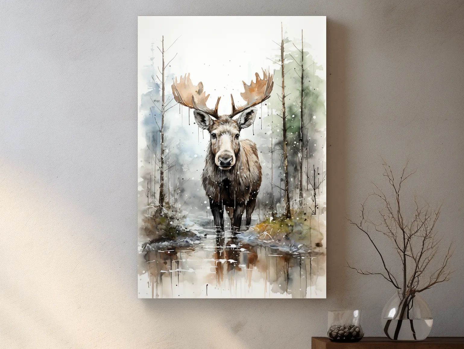 Watercolor Moose In Misty Forest - Rustic Woodland Wildlife Painting Wall Art