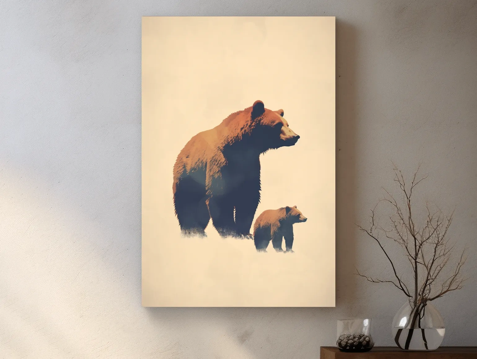 Minimalist Grizzly Bear Mother And Cub Artwork - Neutral Wildlife Wall Art