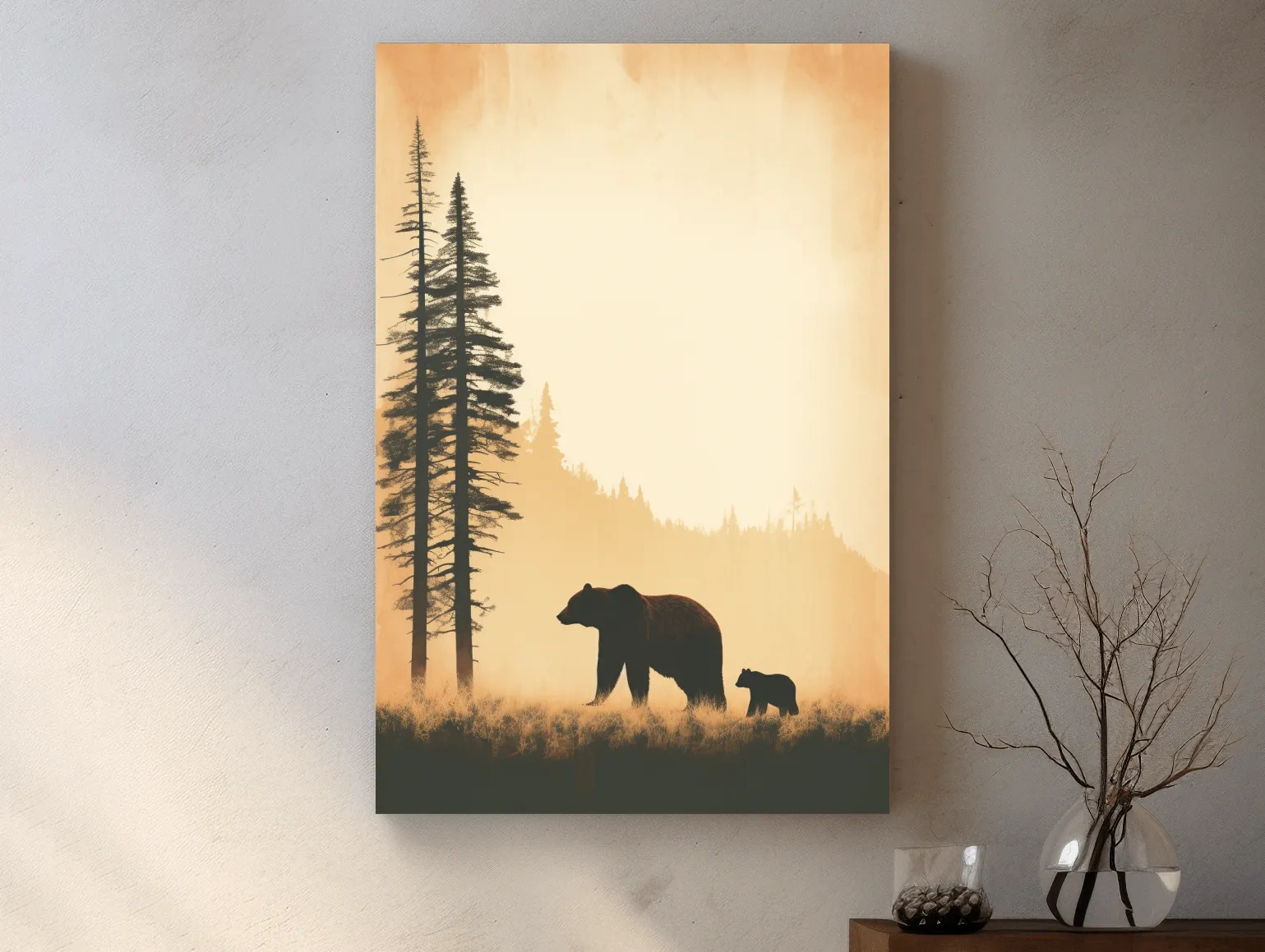Grizzly Bear And Cub Silhouettes - Misty Forest Minimalist Wall Art