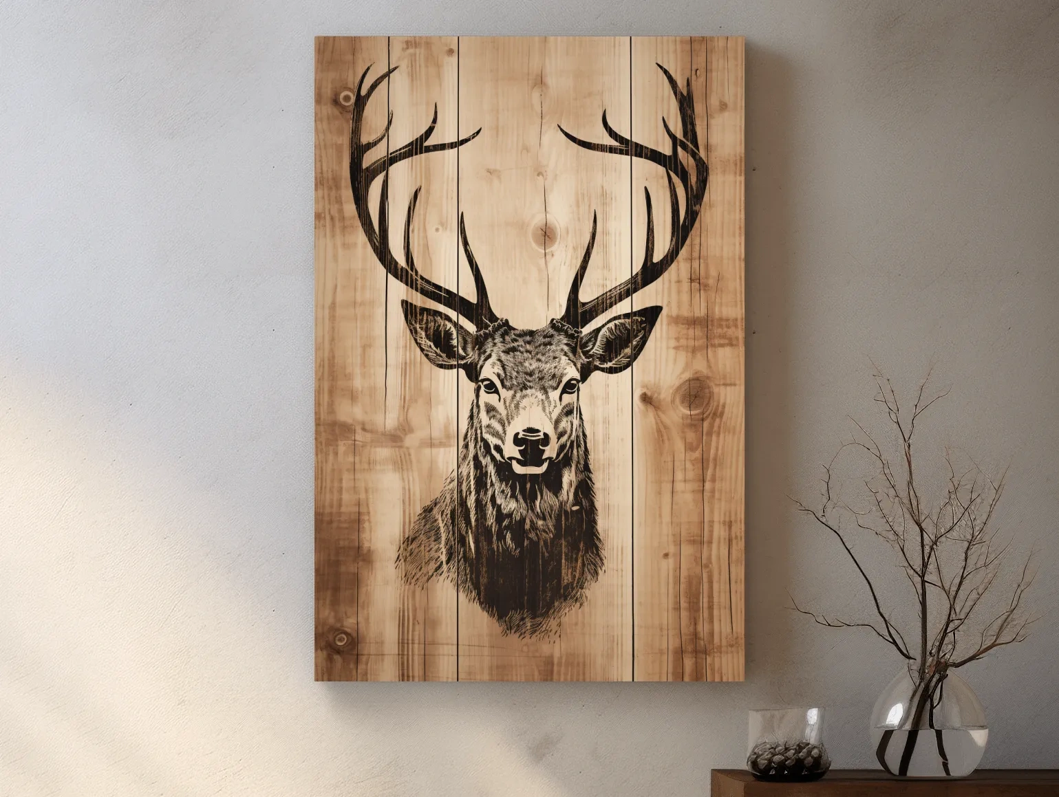 Rustic Deer Head Woodburn Style Portrait - Lodge Cabin Wildlife Wall Art
