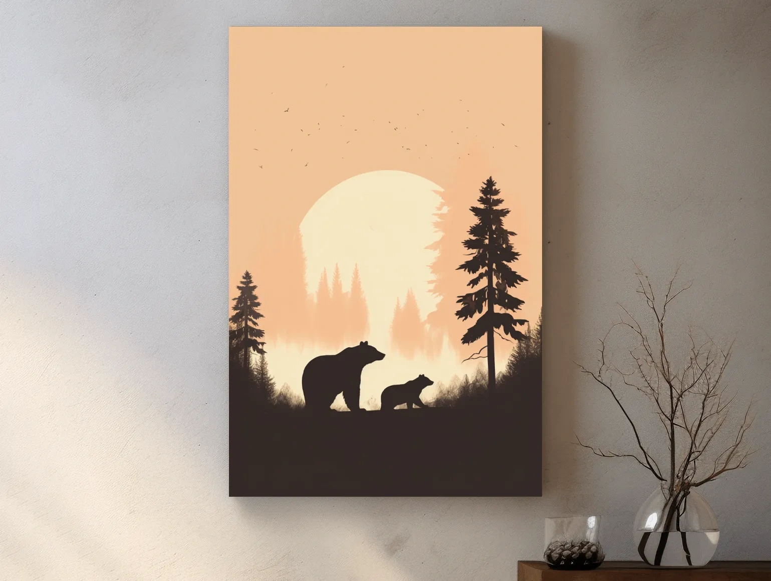 Momma Bear & Cub Silhouettes At Sunset - Minimalist Forest Wildlife Wall Art