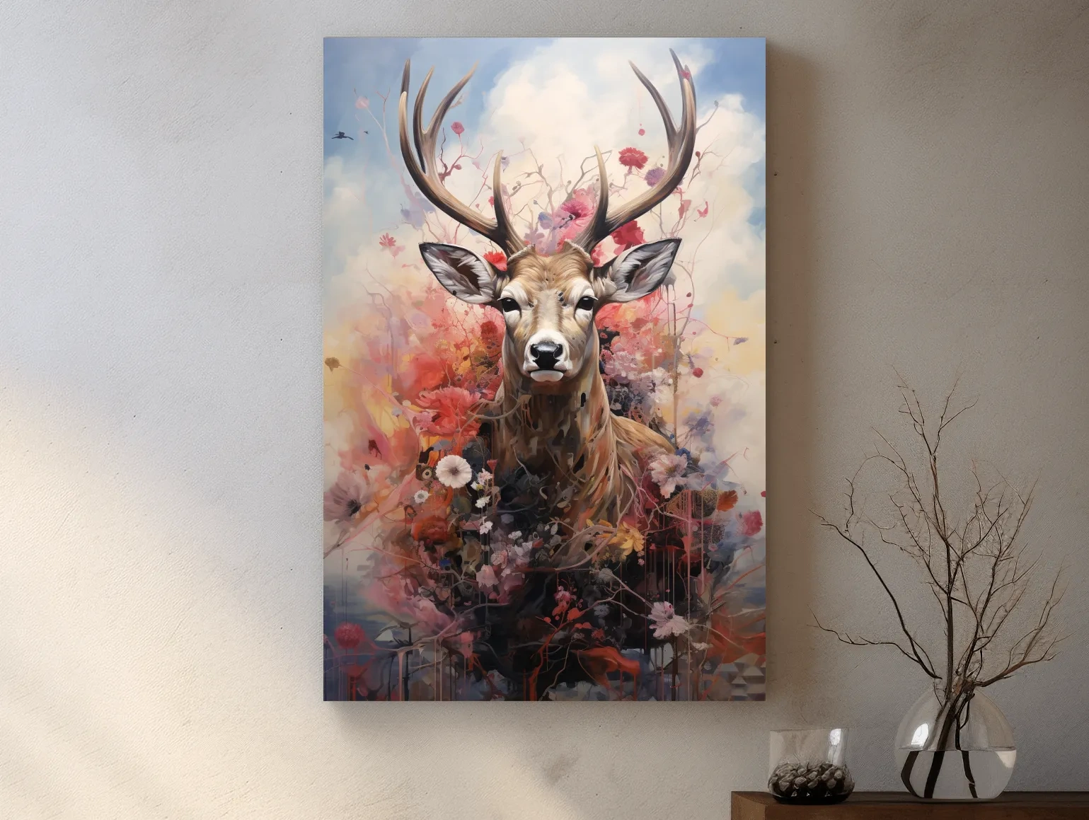 Painting of a deer head wrapped in flowers