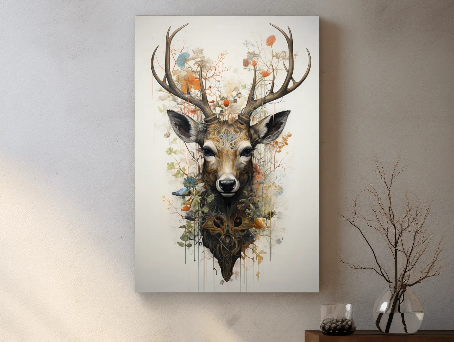 Ornate Floral Deer Head Illustration - Elegant Woodland Wildlife Wall Art