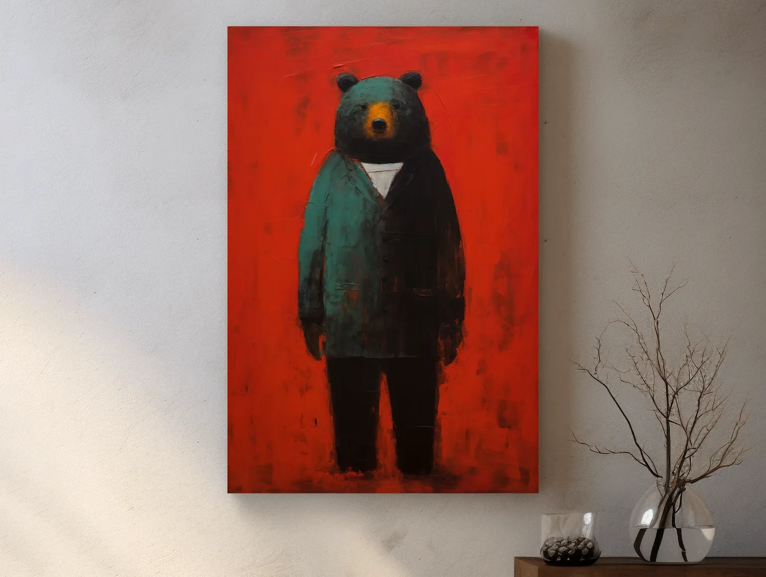 Bear wearing a suit, expressive textured painting